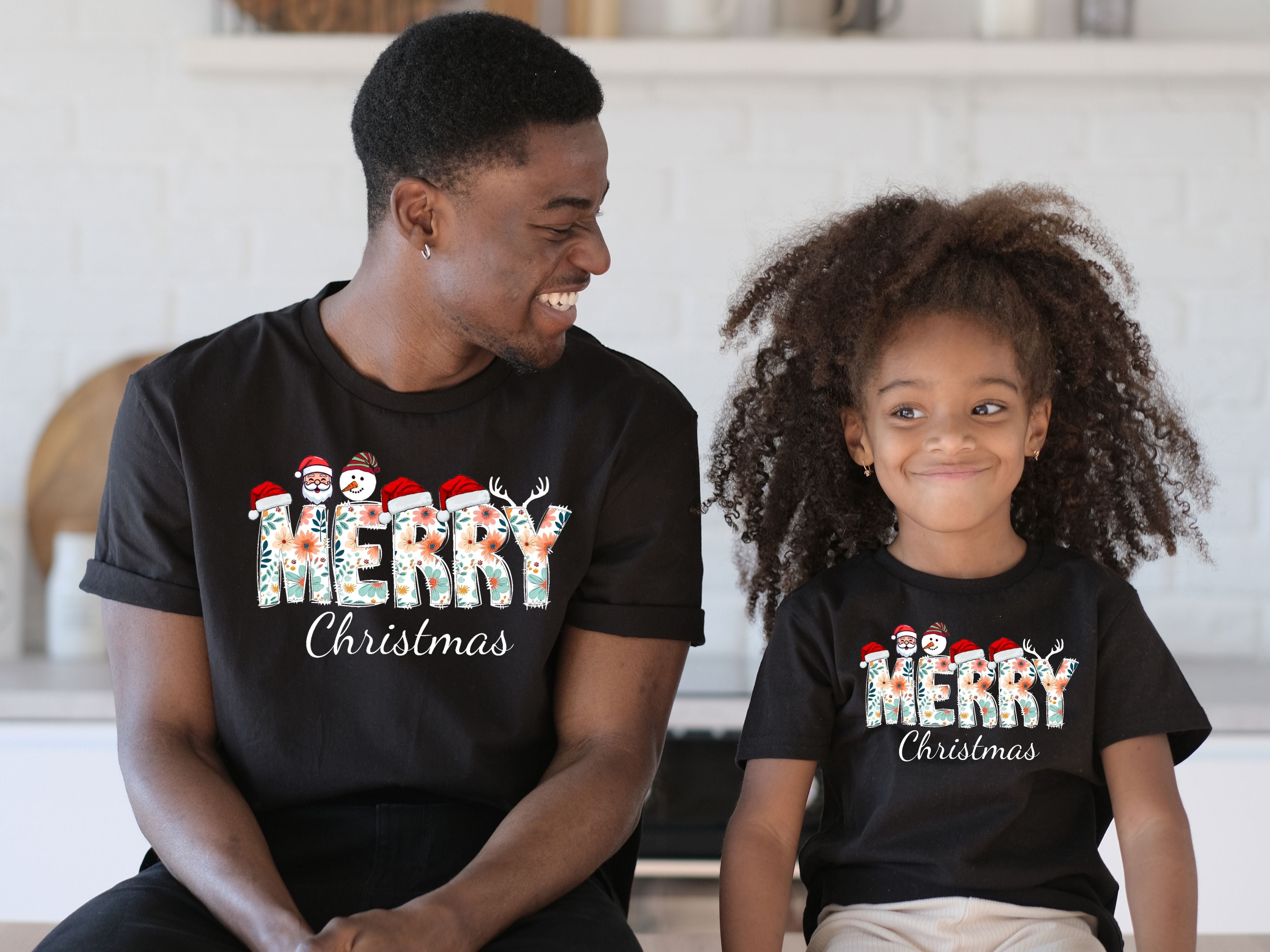 Merry Christmas Floral T-Shirt- Santa, Snowman & Reindeer Design -  Softstyle Holiday Apparel for Family (Baby to Adult)