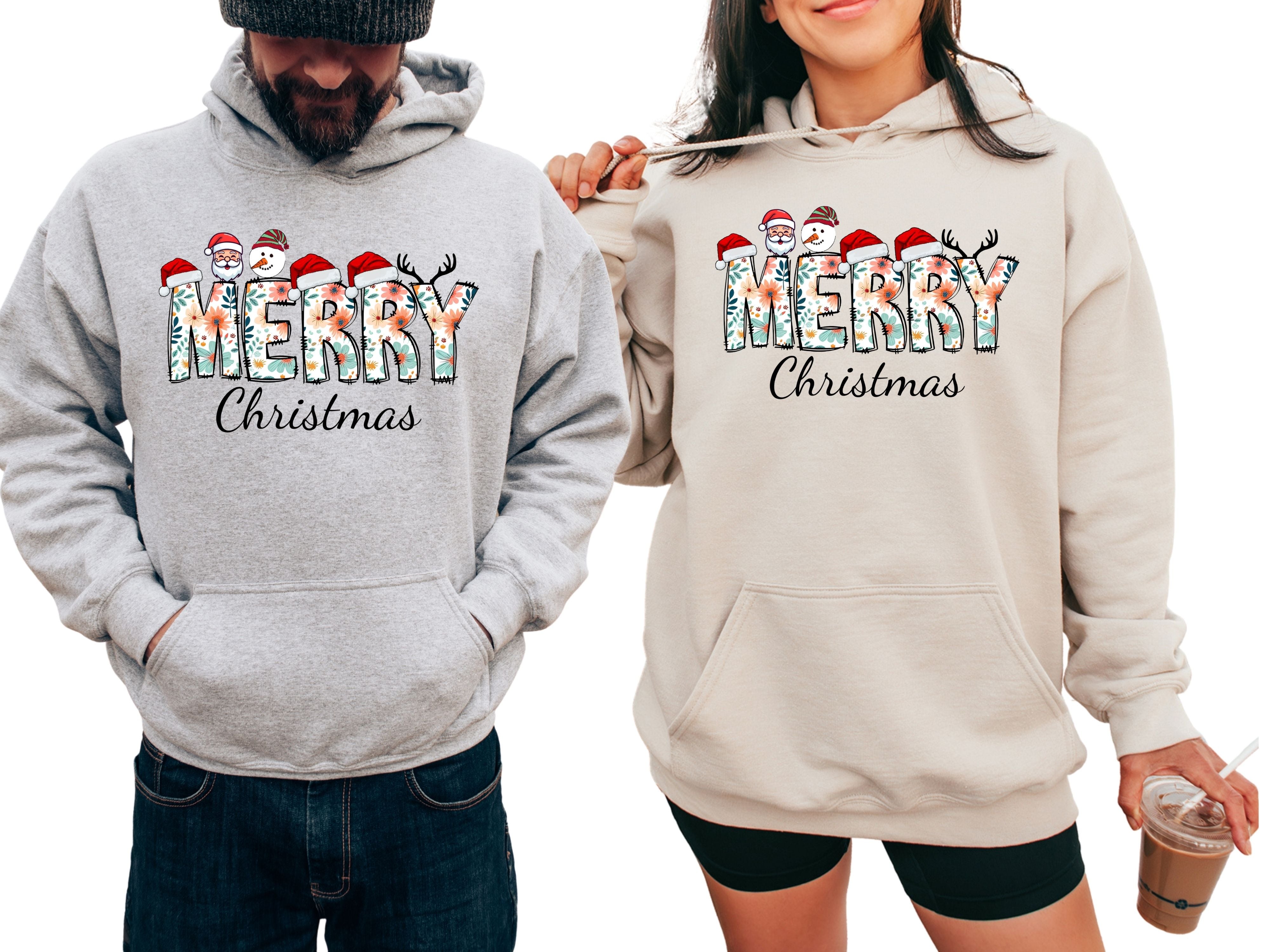 Merry Christmas Floral Sweatshirt & Hoodie - Santa, Snowman & Reindeer Design - Holiday Apparel for Family-Adult-Youth-Toddler