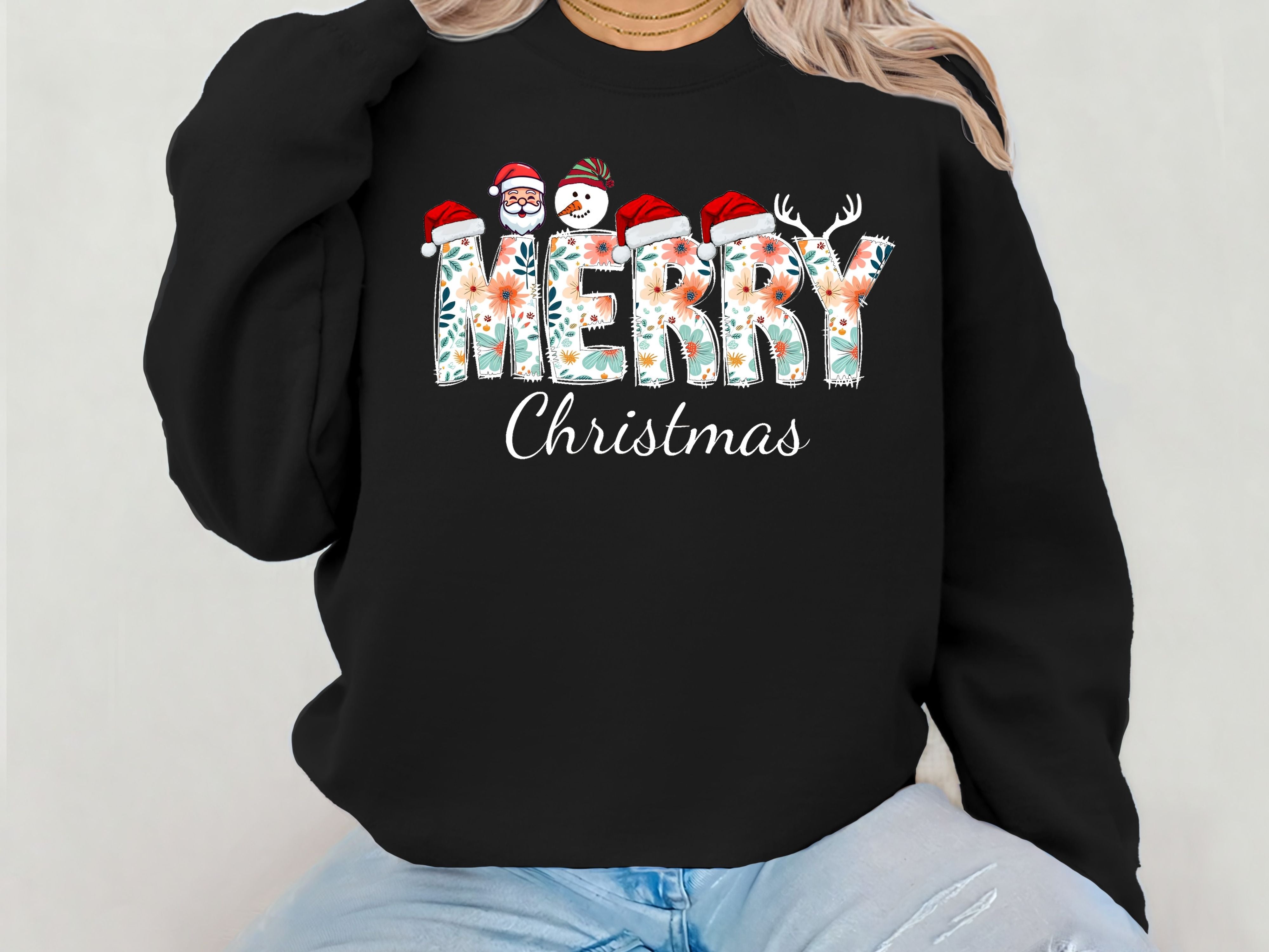 Merry Christmas Floral Sweatshirt & Hoodie - Santa, Snowman & Reindeer Design - Holiday Apparel for Family-Adult-Youth-Toddler