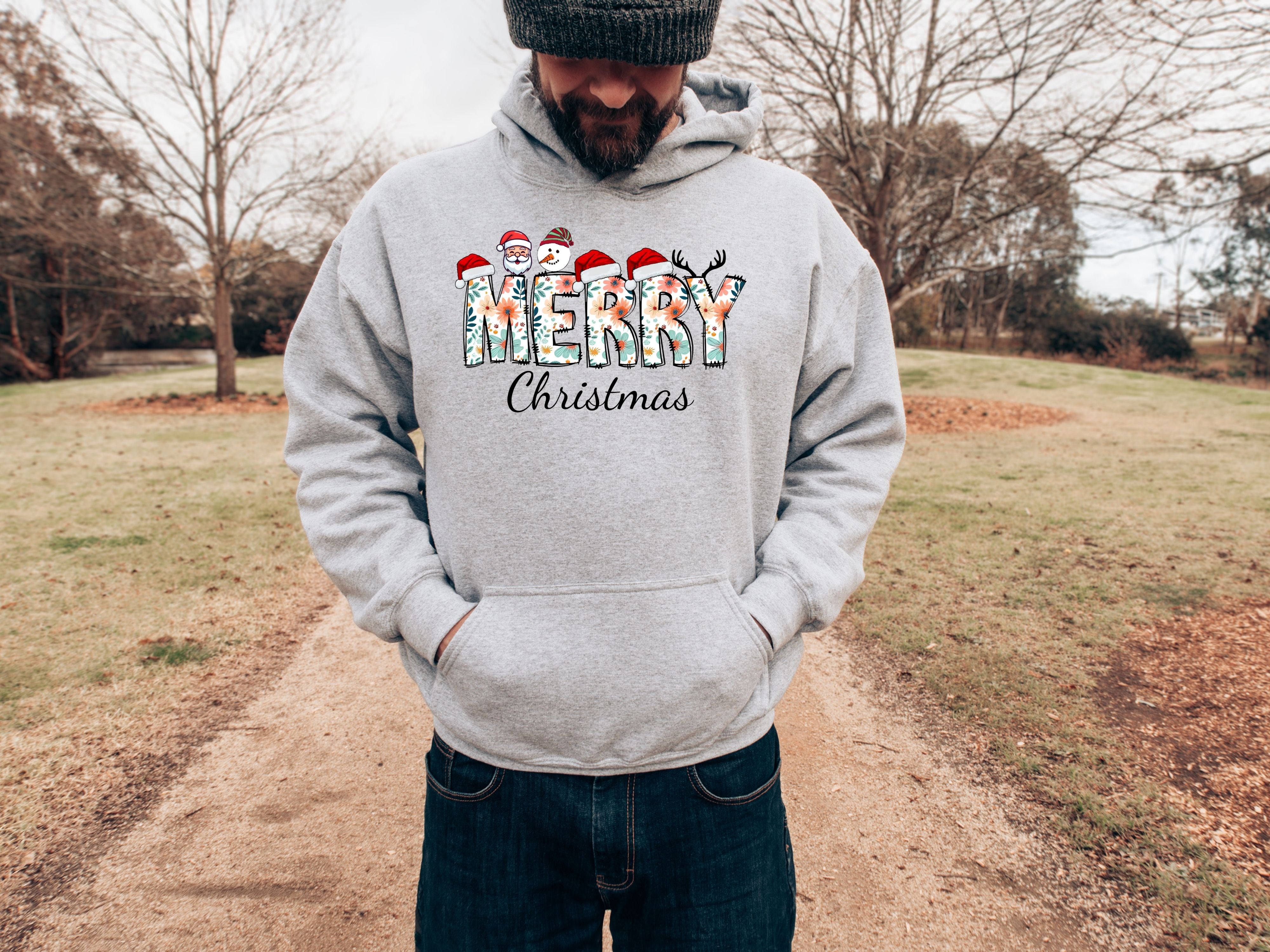 Merry Christmas Floral Sweatshirt & Hoodie - Santa, Snowman & Reindeer Design - Holiday Apparel for Family-Adult-Youth-Toddler