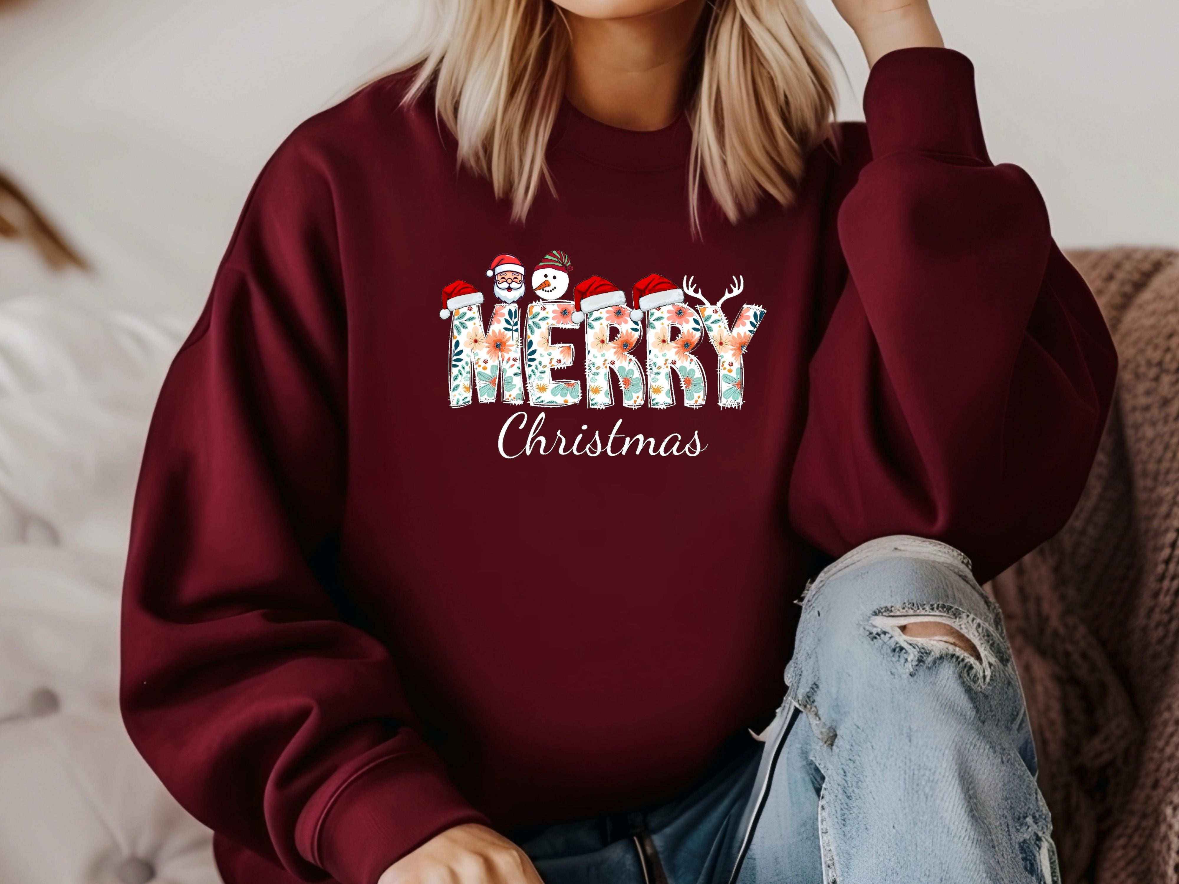 Merry Christmas Floral Sweatshirt & Hoodie - Santa, Snowman & Reindeer Design - Holiday Apparel for Family-Adult-Youth-Toddler