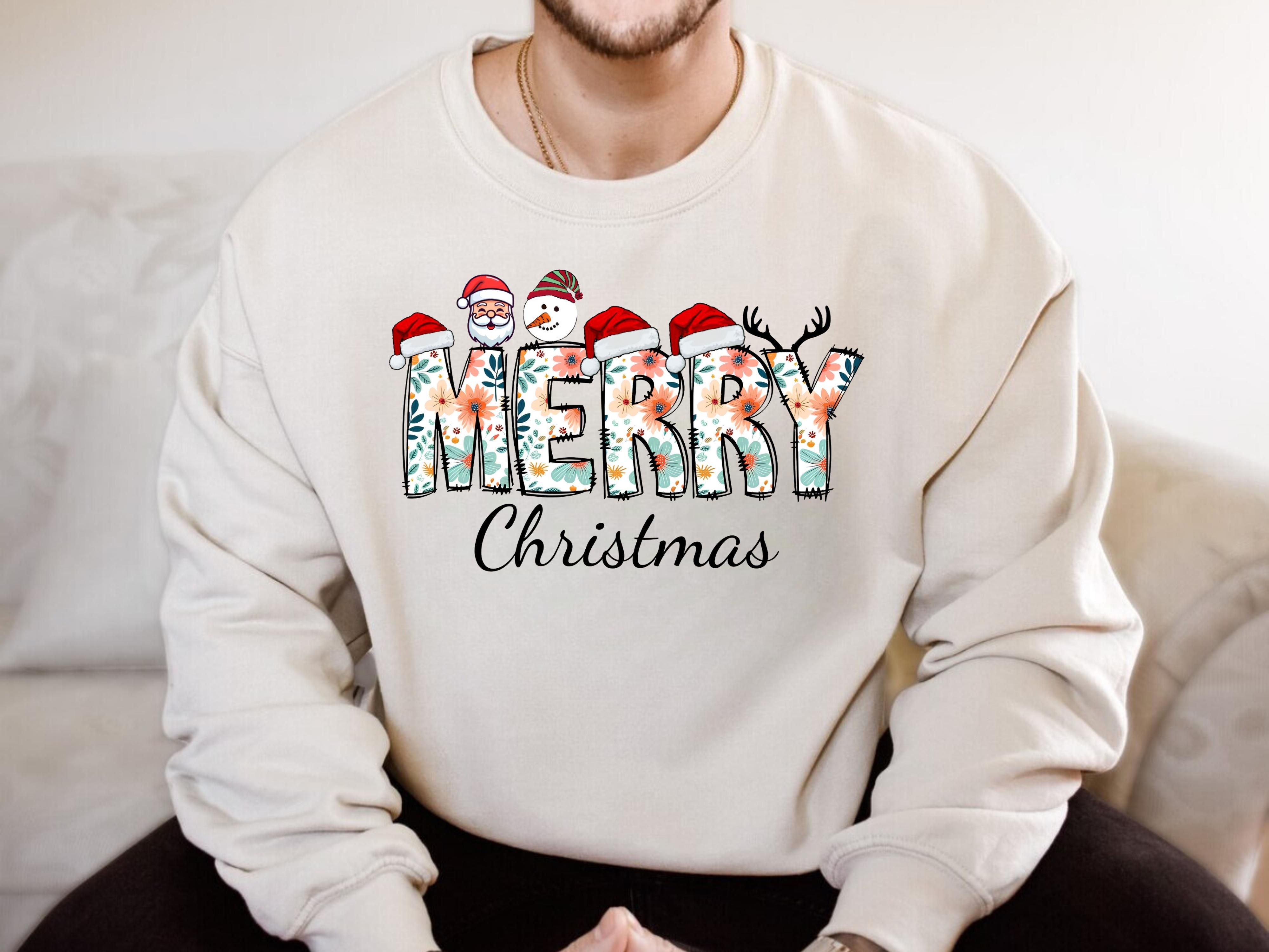 Merry Christmas Floral Sweatshirt & Hoodie - Santa, Snowman & Reindeer Design - Holiday Apparel for Family-Adult-Youth-Toddler
