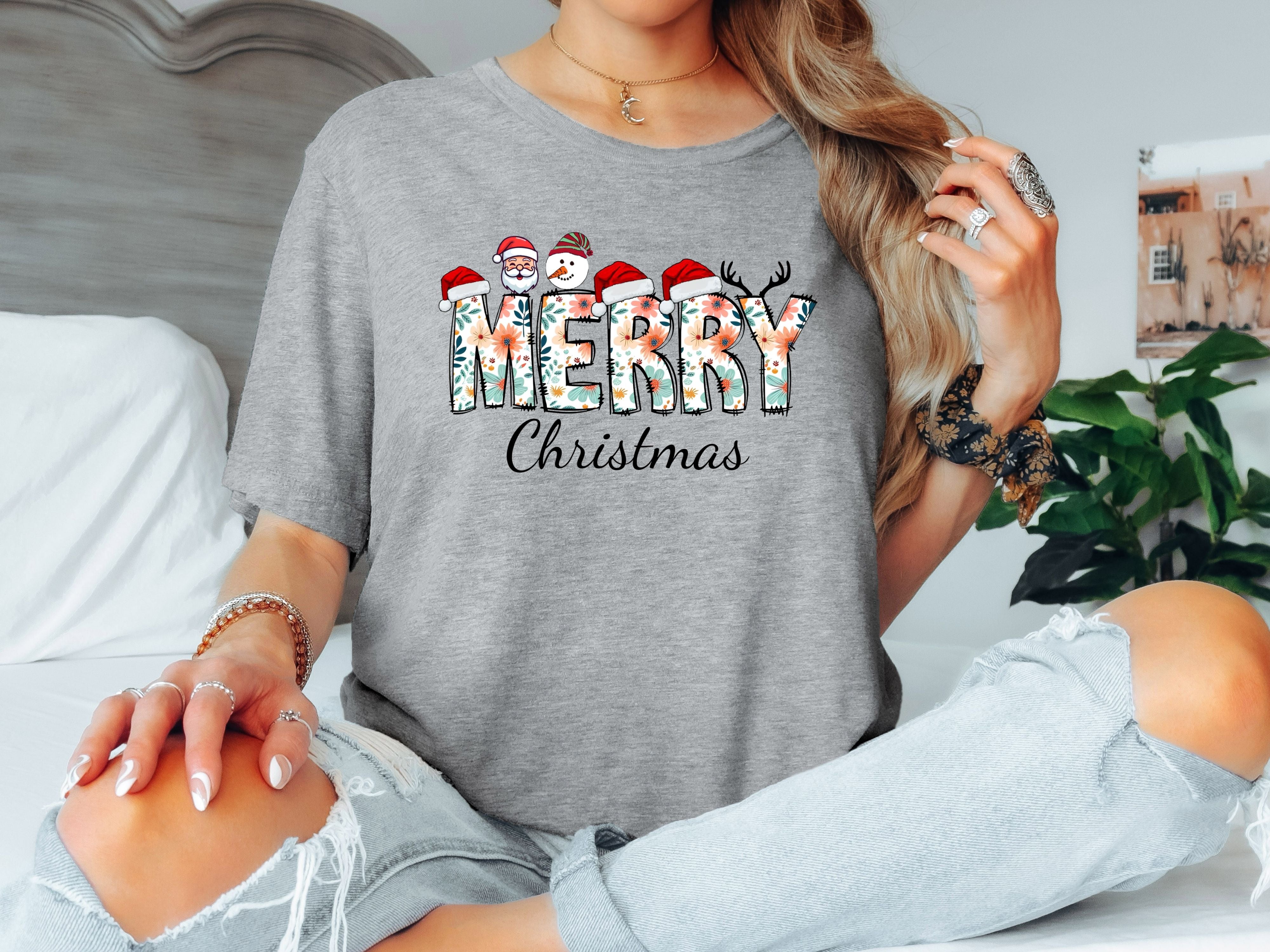 Merry Christmas Floral Sweatshirt & Hoodie - Santa, Snowman & Reindeer Design - Holiday Apparel for Family-Adult-Youth-Toddler
