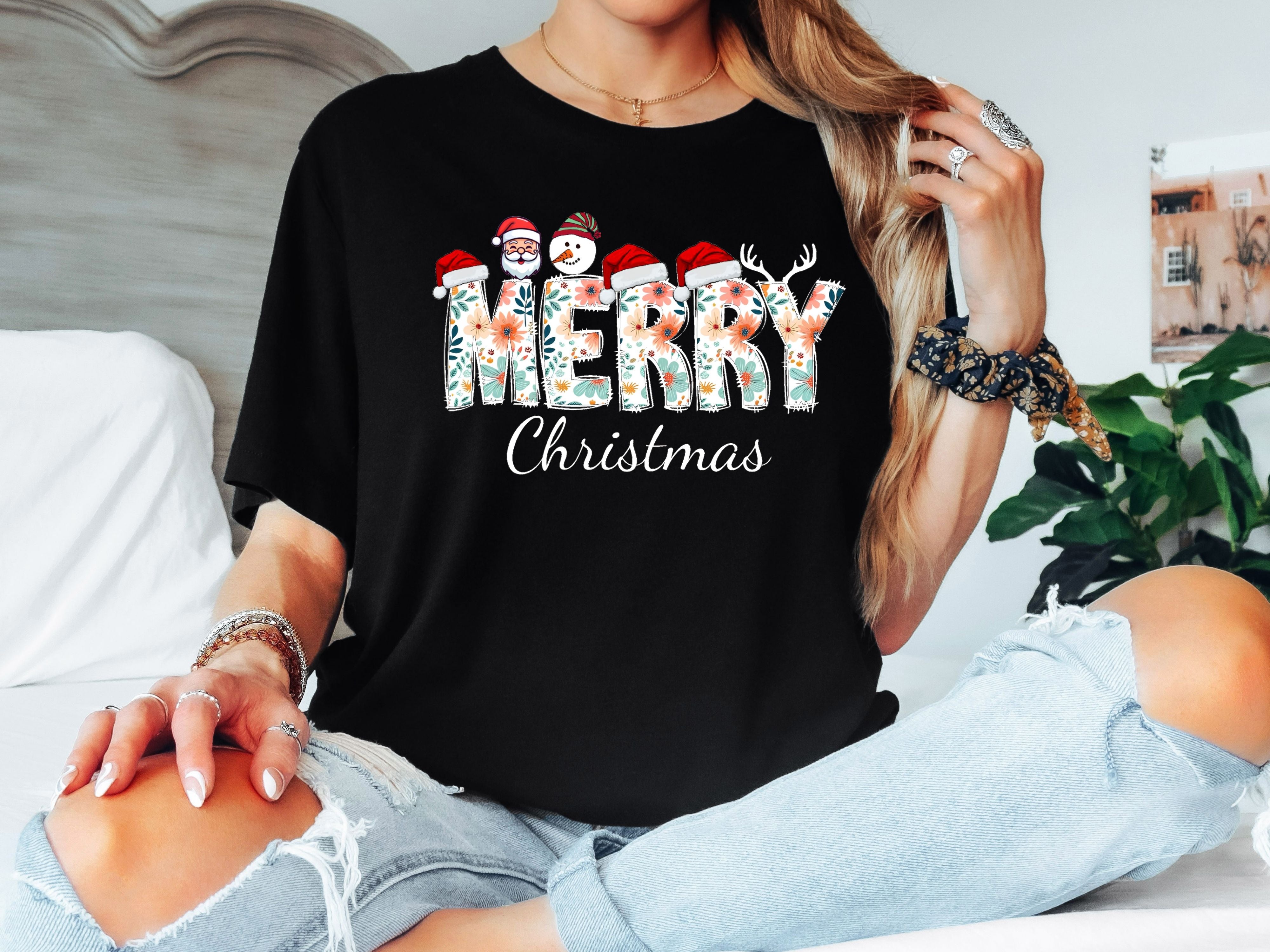 Merry Christmas Floral T-Shirt- Santa, Snowman & Reindeer Design -  Softstyle Holiday Apparel for Family (Baby to Adult)