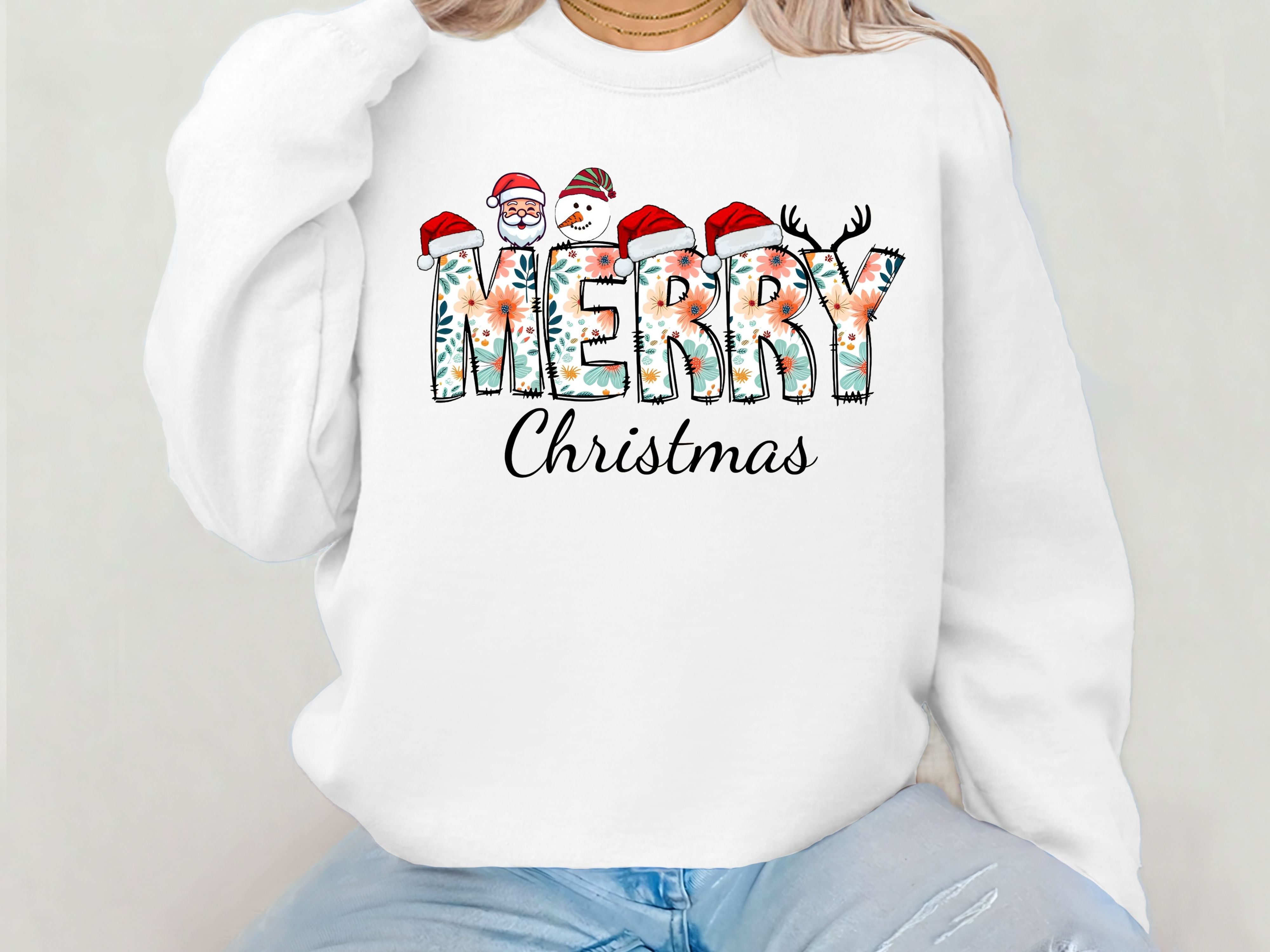 Merry Christmas Floral Sweatshirt & Hoodie - Santa, Snowman & Reindeer Design - Holiday Apparel for Family-Adult-Youth-Toddler