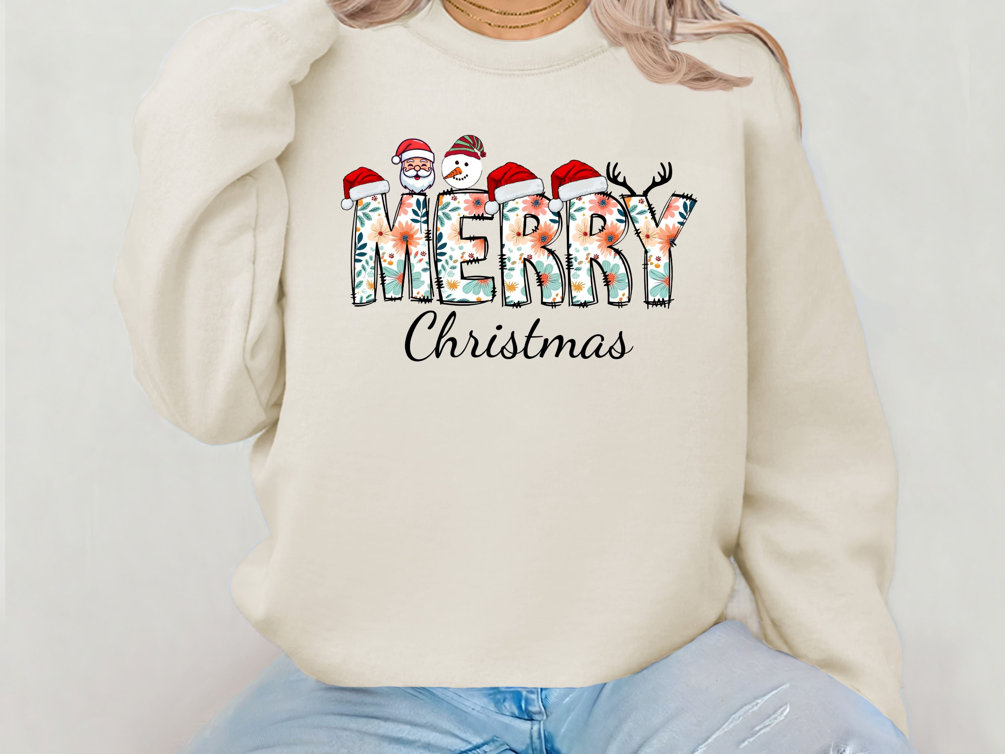 Merry Christmas Floral Sweatshirt & Hoodie - Santa, Snowman & Reindeer Design - Holiday Apparel for Family-Adult-Youth-Toddler