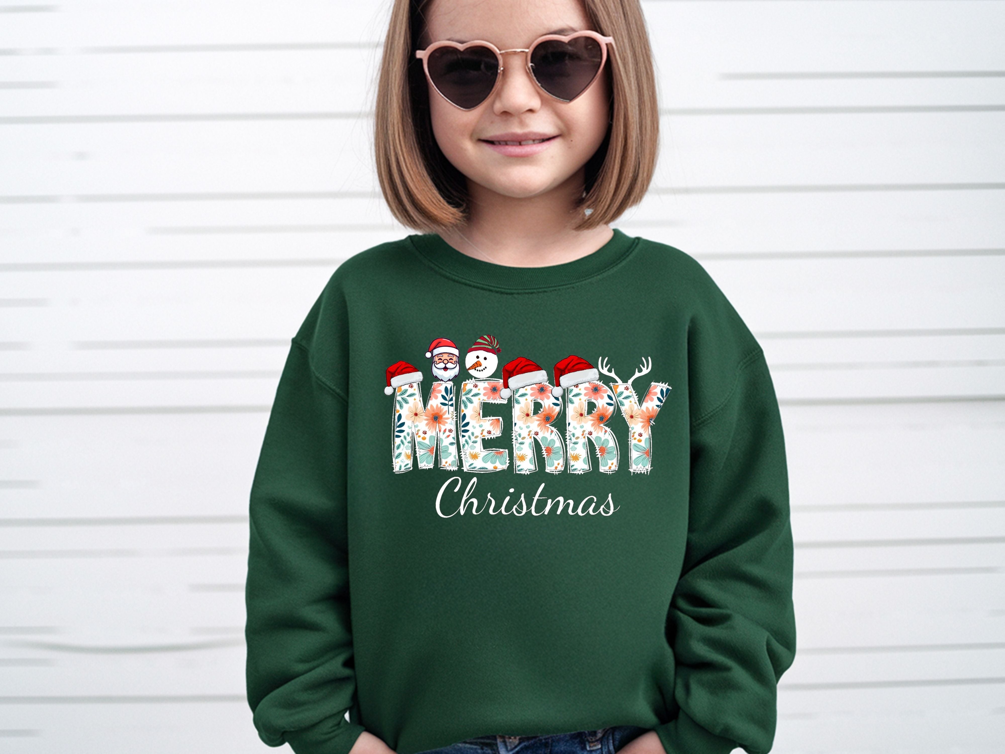 Merry Christmas Floral Sweatshirt & Hoodie - Santa, Snowman & Reindeer Design - Holiday Apparel for Family-Adult-Youth-Toddler