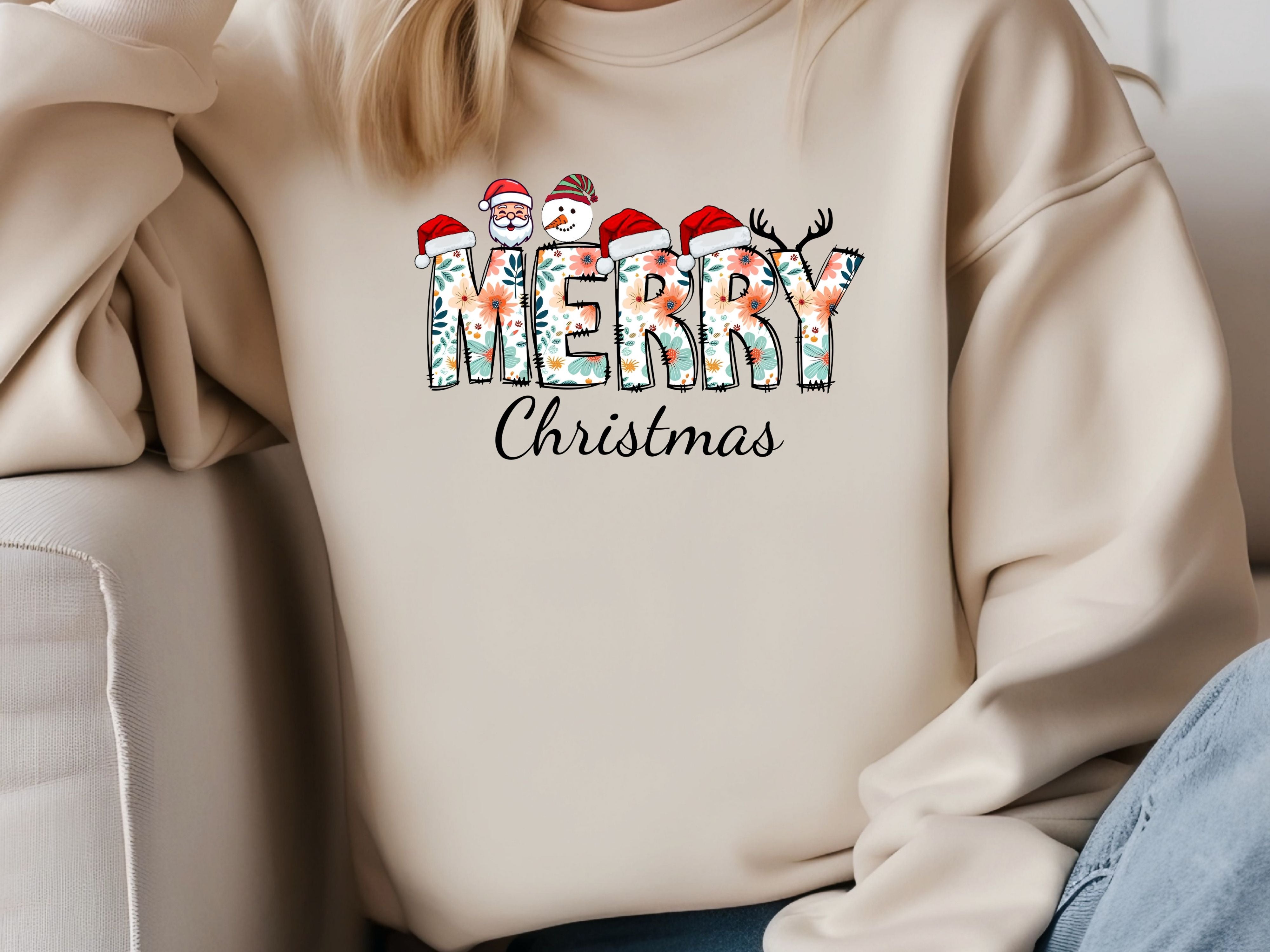 Merry Christmas Floral Sweatshirt & Hoodie - Santa, Snowman & Reindeer Design - Holiday Apparel for Family-Adult-Youth-Toddler