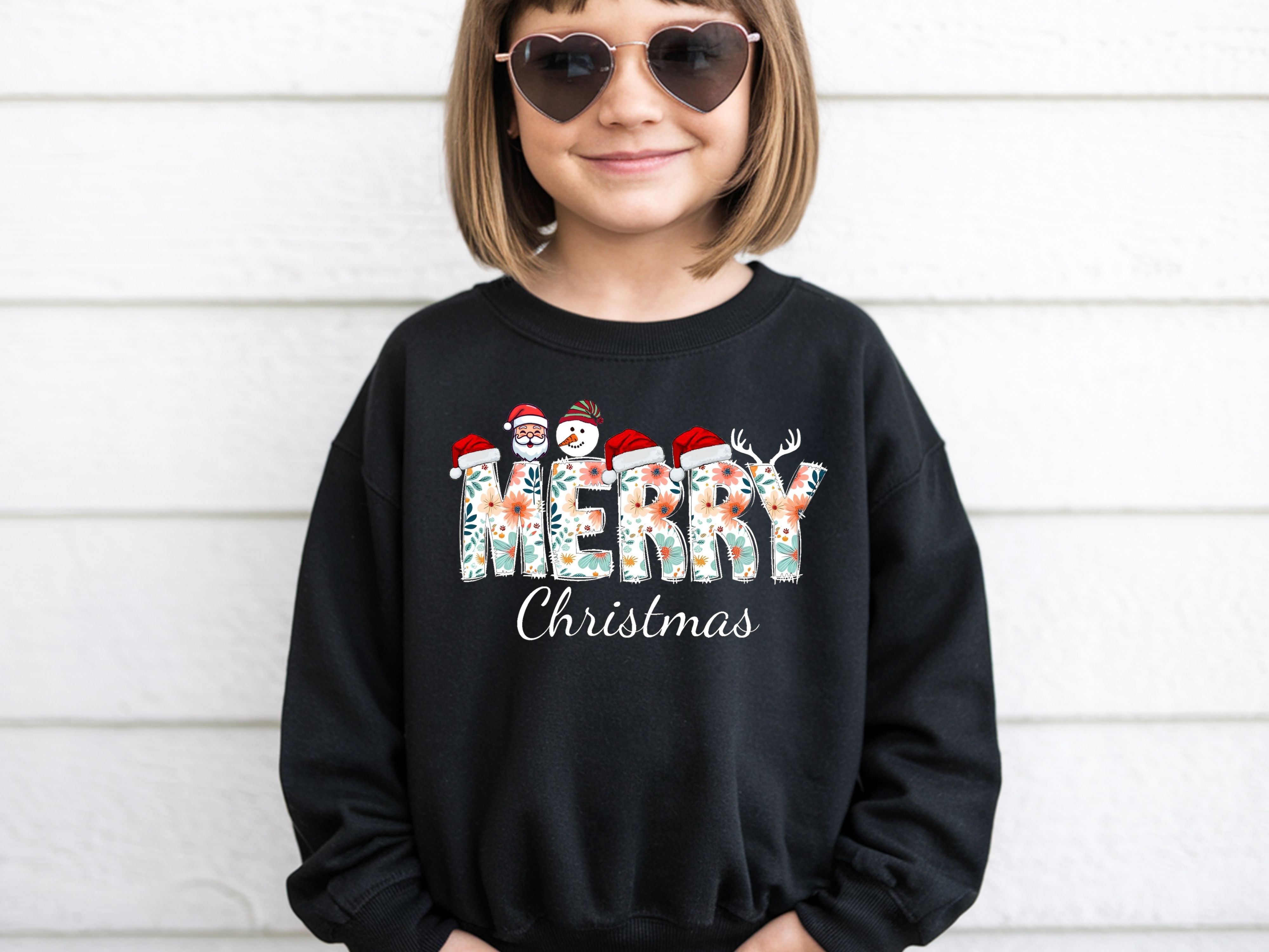 Merry Christmas Floral Sweatshirt & Hoodie - Santa, Snowman & Reindeer Design - Holiday Apparel for Family-Adult-Youth-Toddler