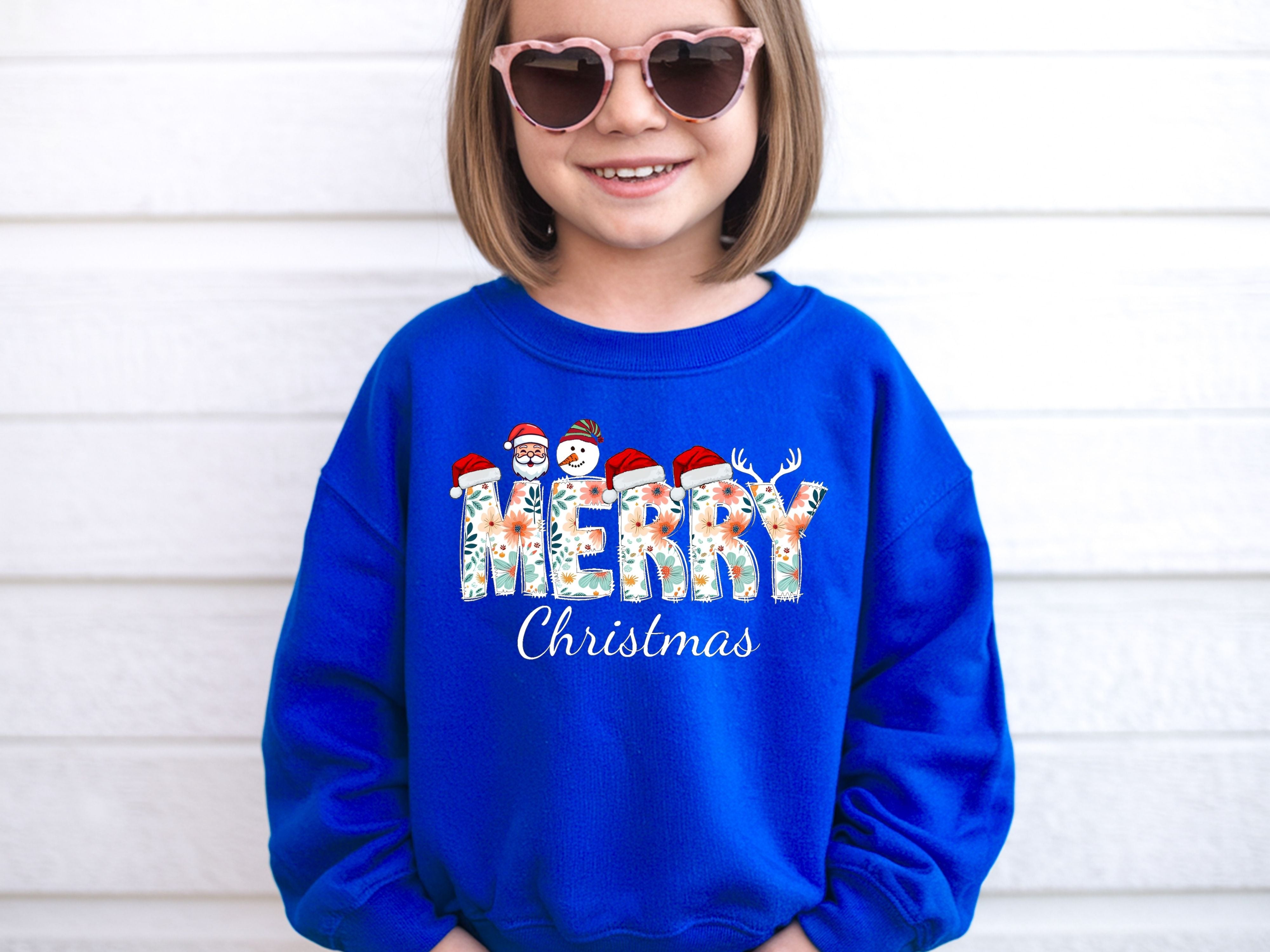 Merry Christmas Floral Sweatshirt & Hoodie - Santa, Snowman & Reindeer Design - Holiday Apparel for Family-Adult-Youth-Toddler