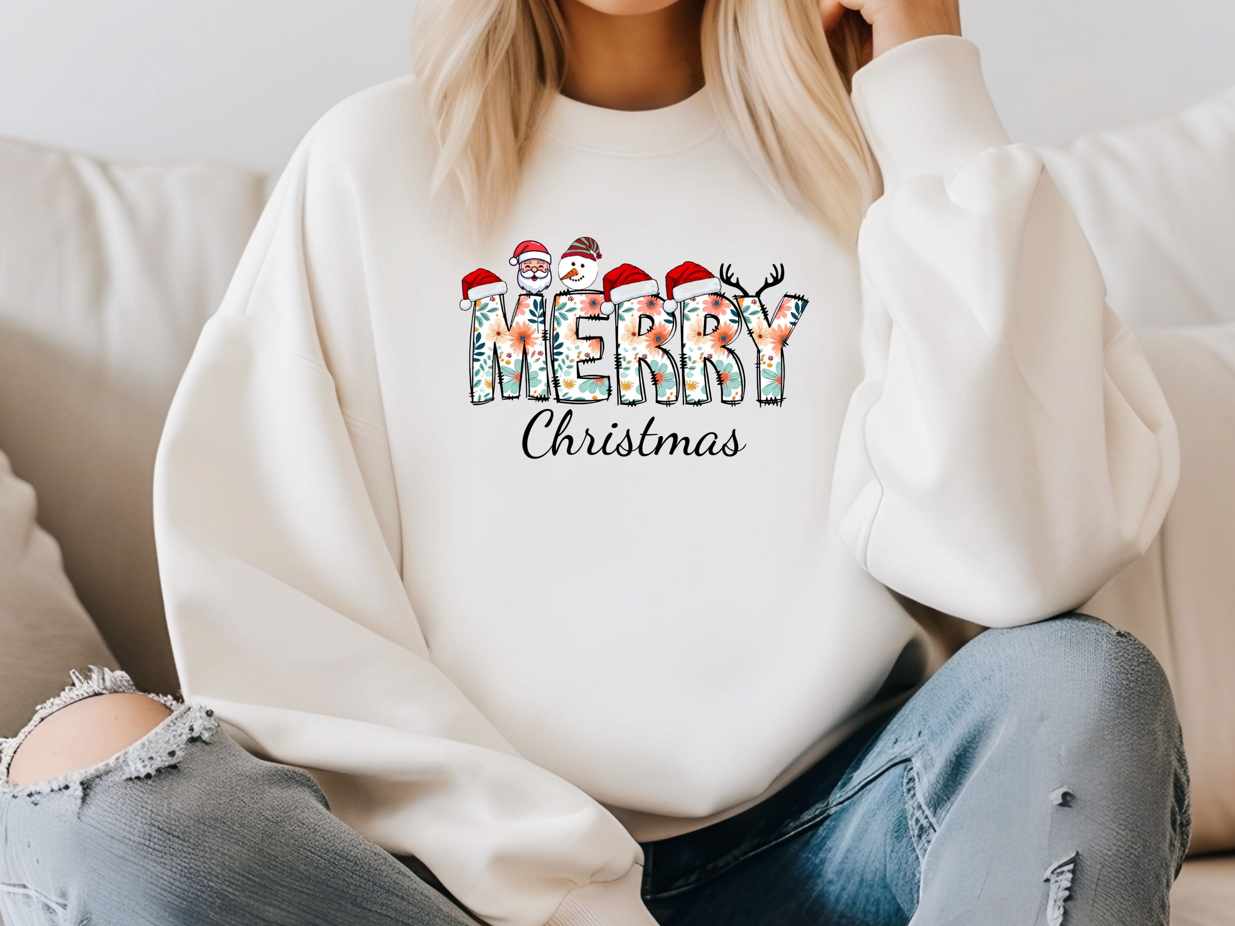 Merry Christmas Floral Sweatshirt & Hoodie - Santa, Snowman & Reindeer Design - Holiday Apparel for Family-Adult-Youth-Toddler