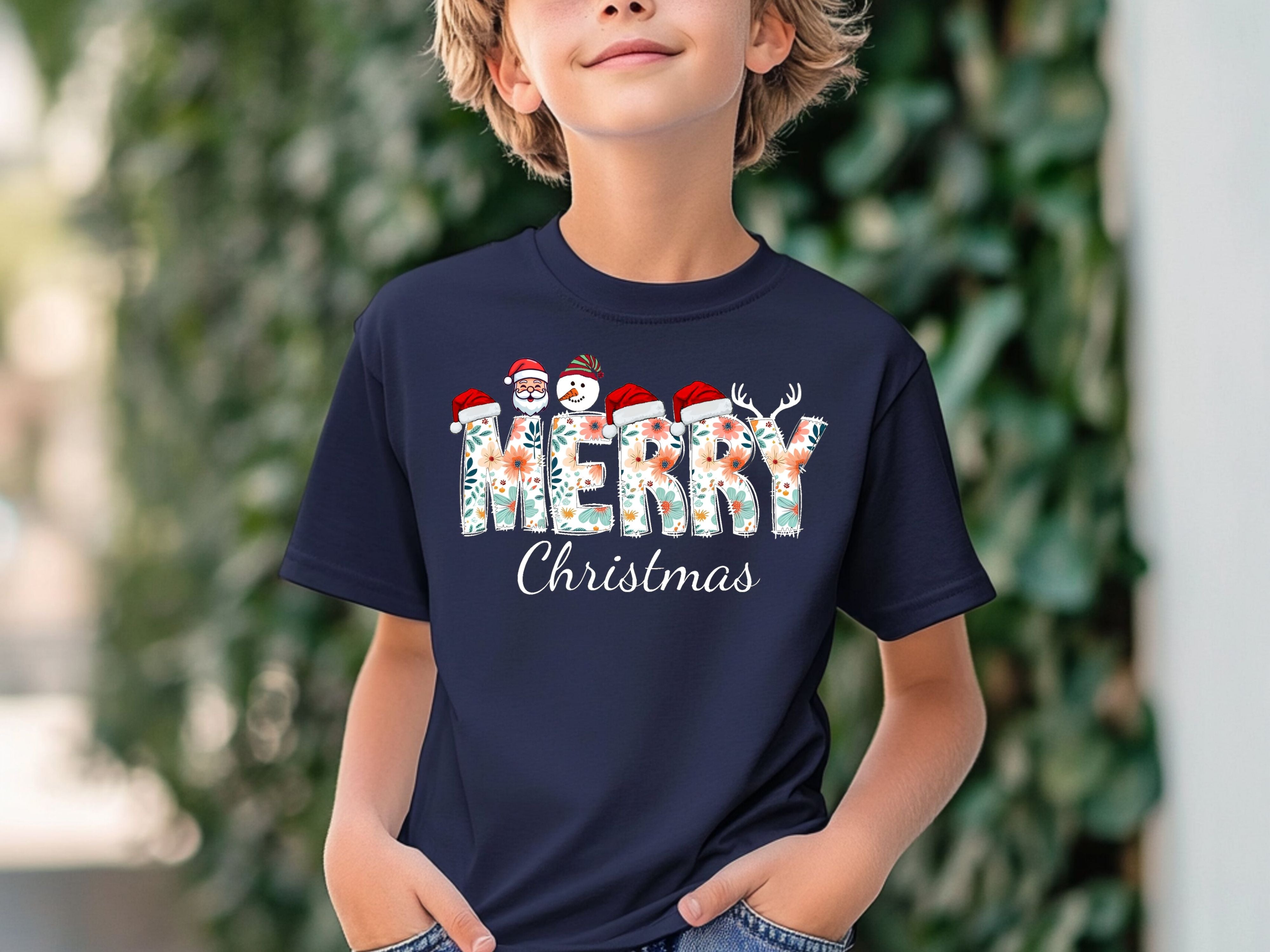 Merry Christmas Floral T-Shirt- Santa, Snowman & Reindeer Design -  Softstyle Holiday Apparel for Family (Baby to Adult)