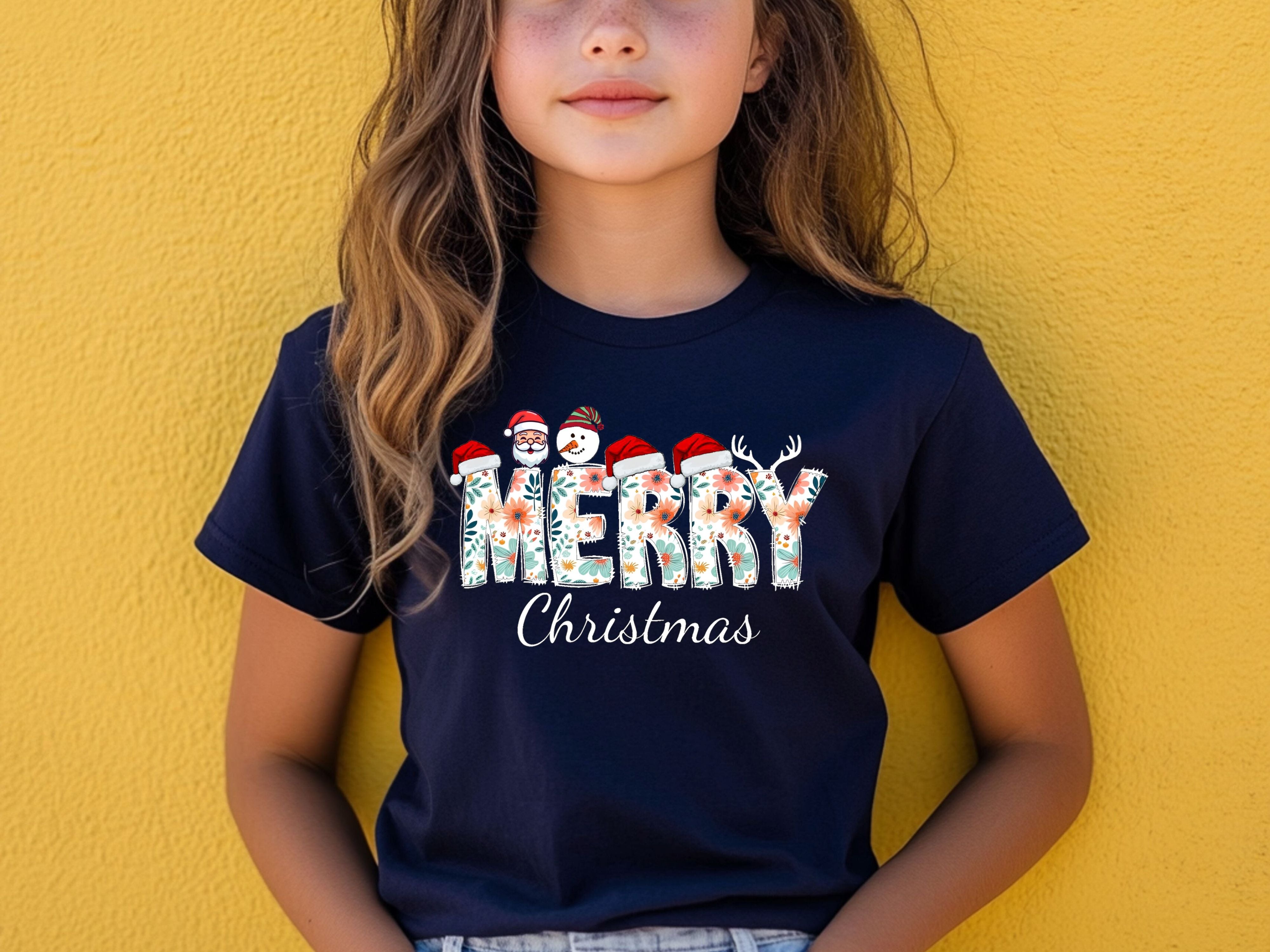 Merry Christmas Floral T-Shirt- Santa, Snowman & Reindeer Design -  Softstyle Holiday Apparel for Family (Baby to Adult)