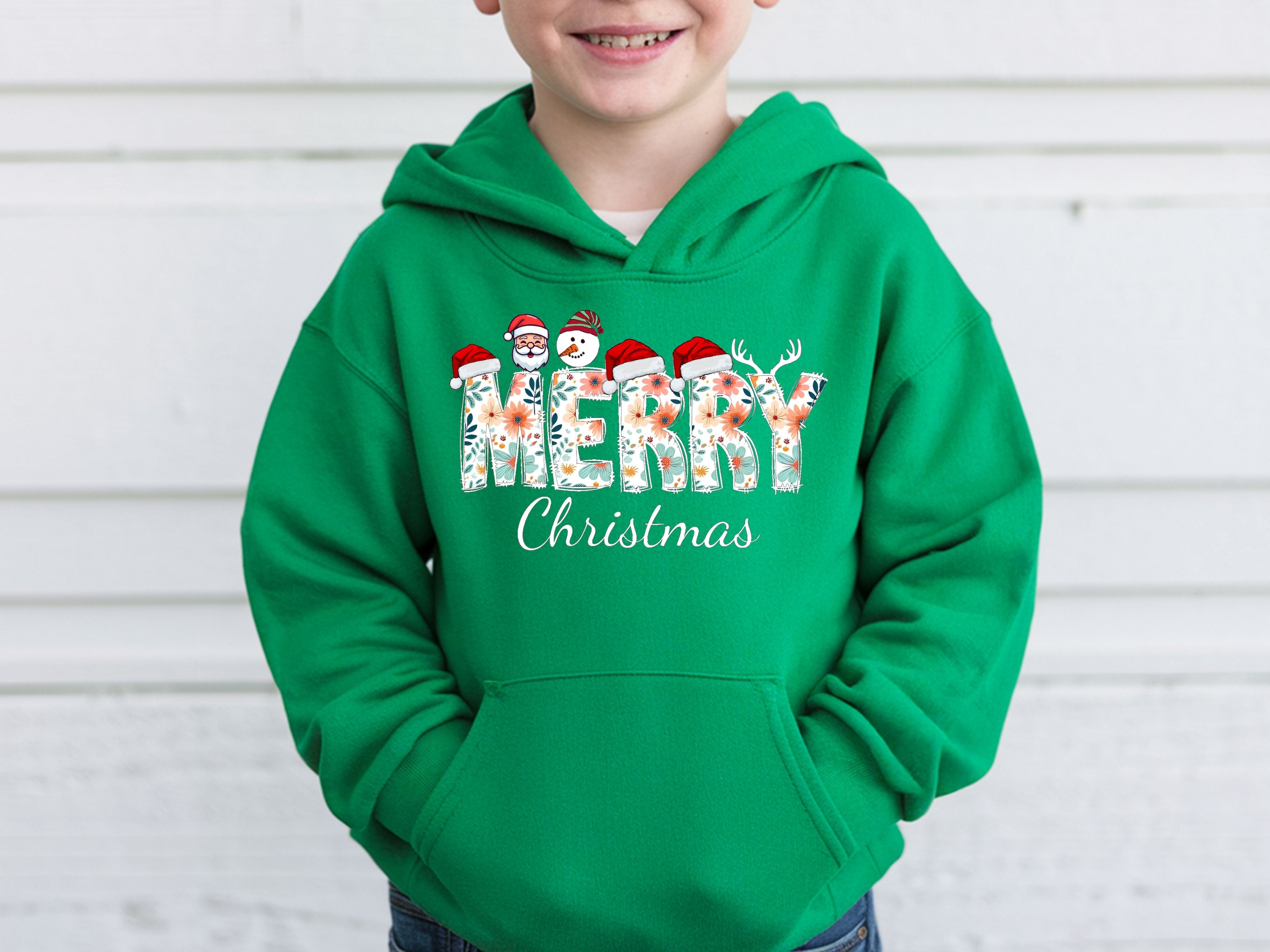 Merry Christmas Floral Sweatshirt & Hoodie - Santa, Snowman & Reindeer Design - Holiday Apparel for Family-Adult-Youth-Toddler