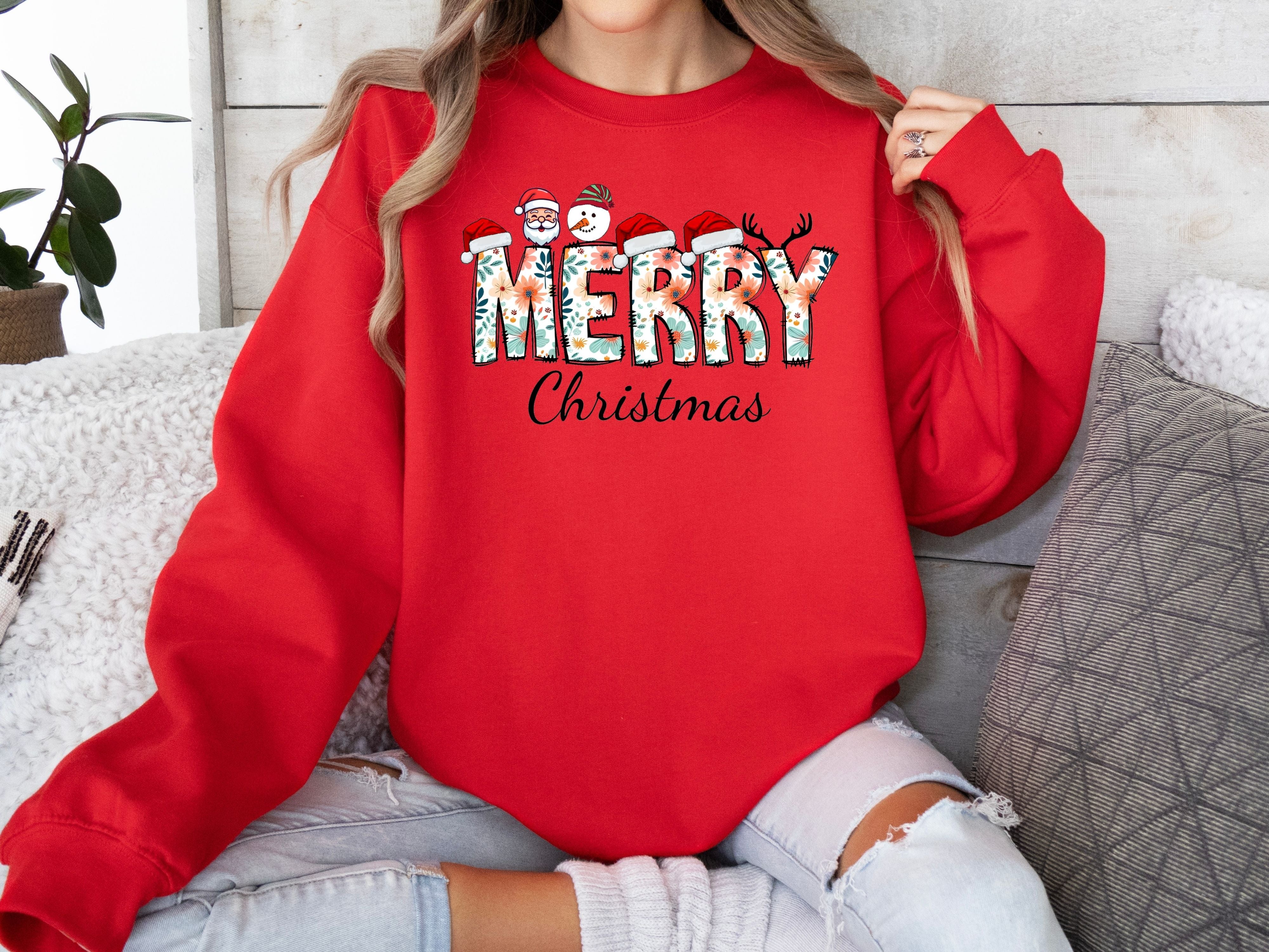 Merry Christmas Floral Sweatshirt & Hoodie - Santa, Snowman & Reindeer Design - Holiday Apparel for Family-Adult-Youth-Toddler