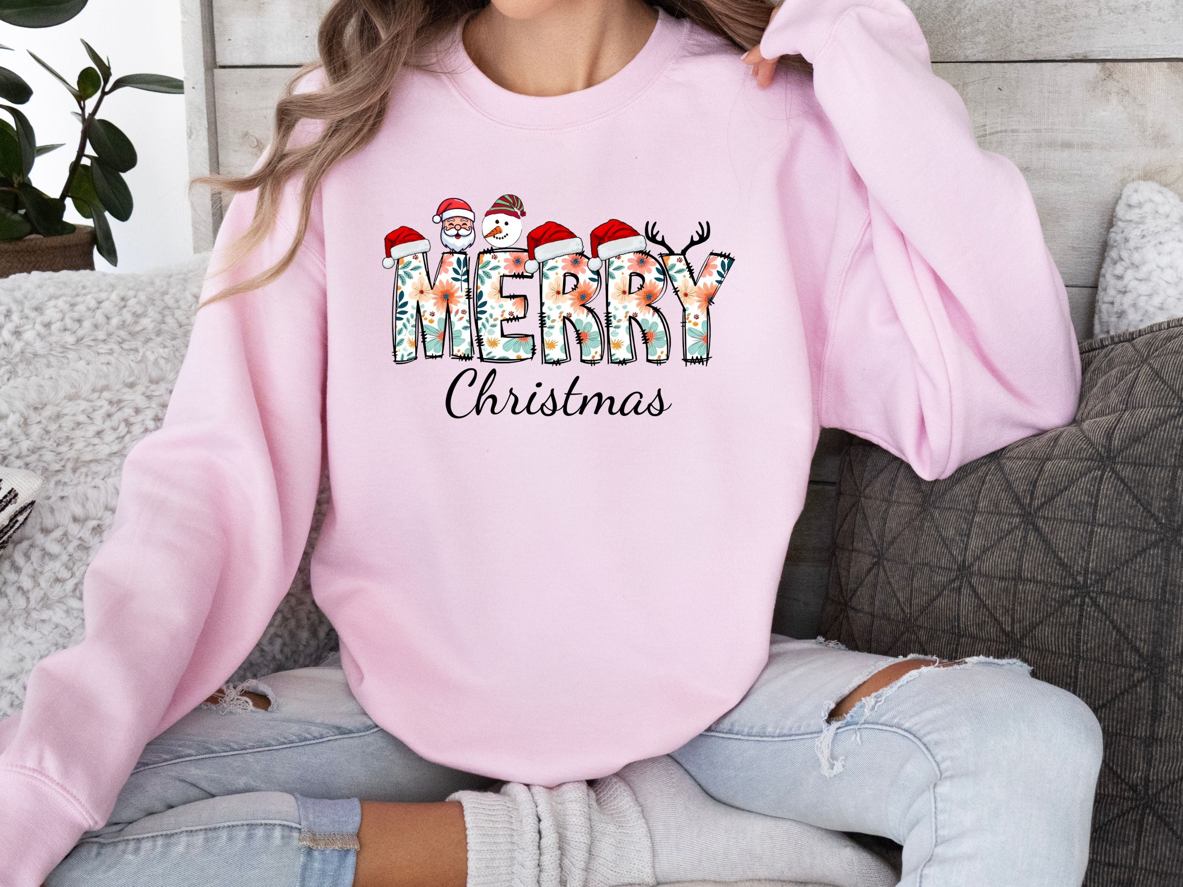 Merry Christmas Floral Sweatshirt & Hoodie - Santa, Snowman & Reindeer Design - Holiday Apparel for Family-Adult-Youth-Toddler