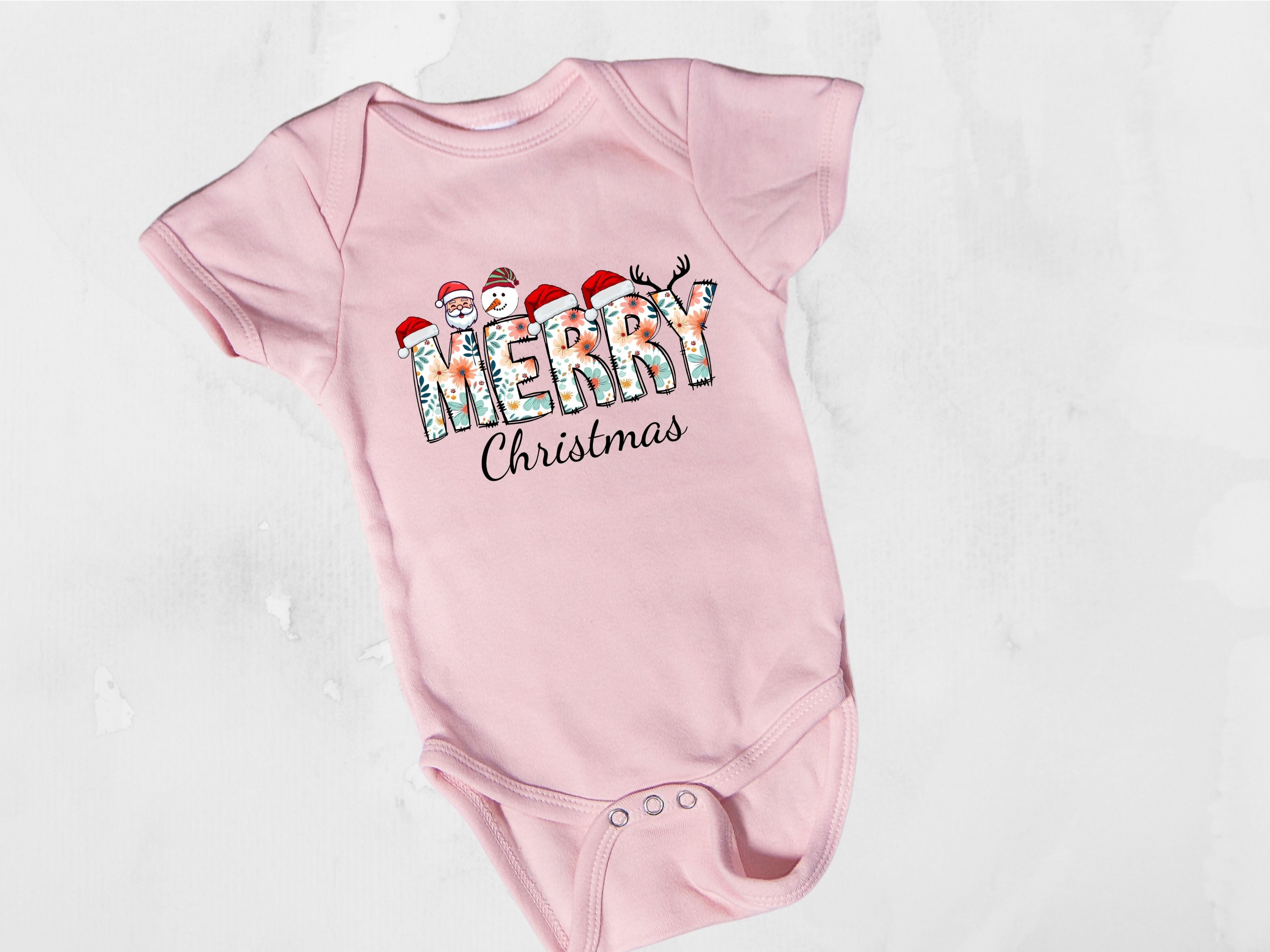 Merry Christmas Floral T-Shirt- Santa, Snowman & Reindeer Design -  Softstyle Holiday Apparel for Family (Baby to Adult)