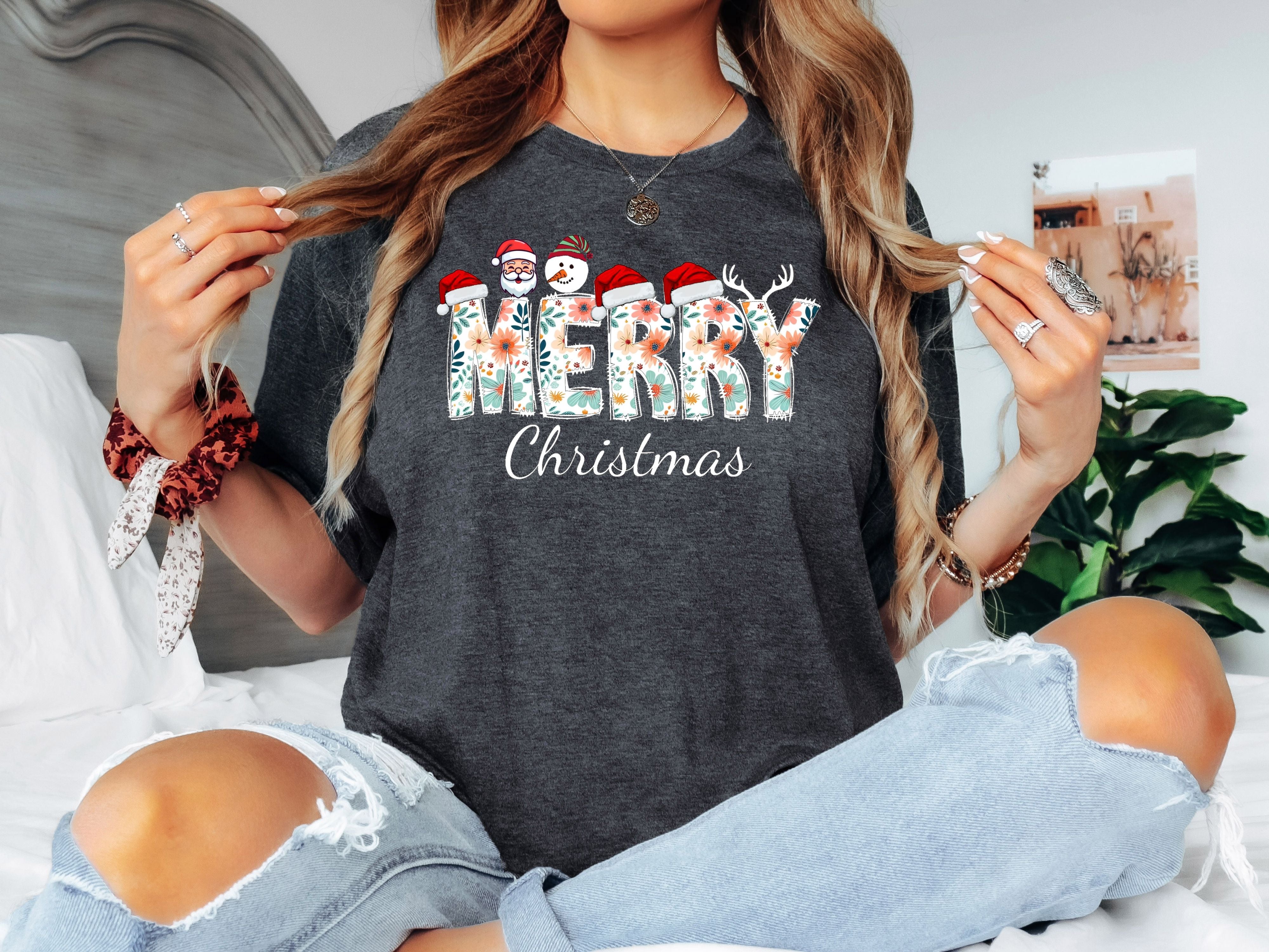 Merry Christmas Floral T-Shirt- Santa, Snowman & Reindeer Design -  Softstyle Holiday Apparel for Family (Baby to Adult)