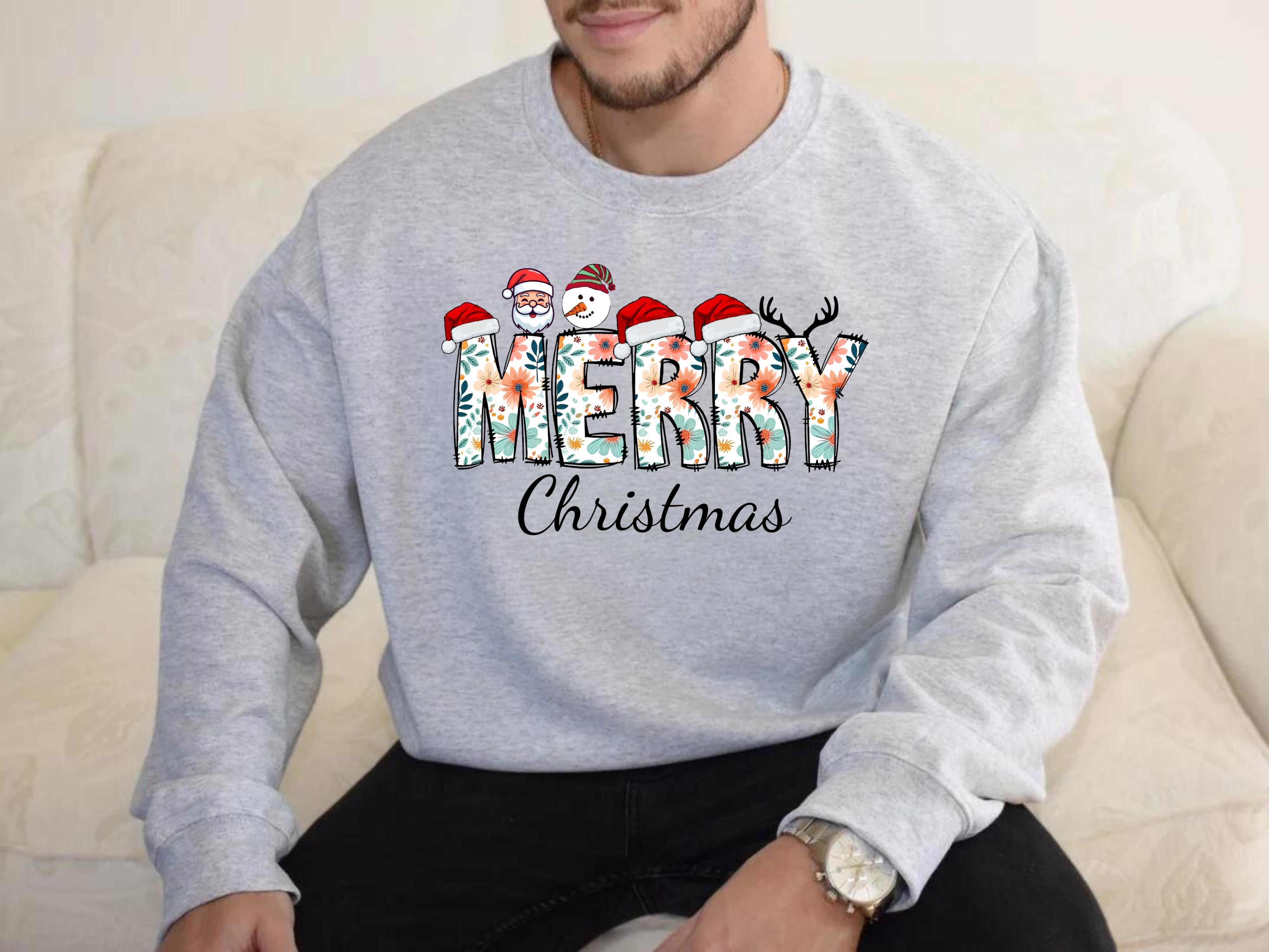 Merry Christmas Floral Sweatshirt & Hoodie - Santa, Snowman & Reindeer Design - Holiday Apparel for Family-Adult-Youth-Toddler