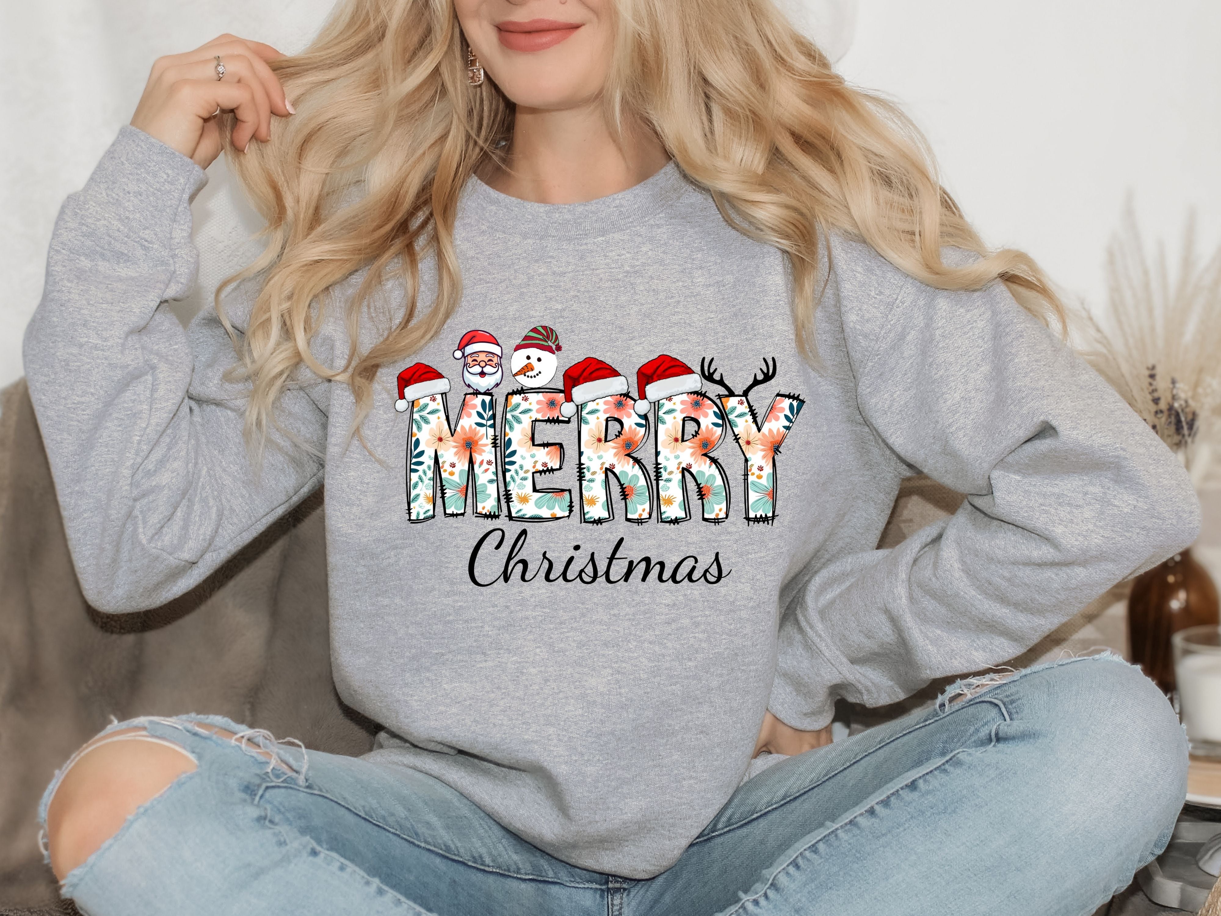 Merry Christmas Floral Sweatshirt & Hoodie - Santa, Snowman & Reindeer Design - Holiday Apparel for Family-Adult-Youth-Toddler