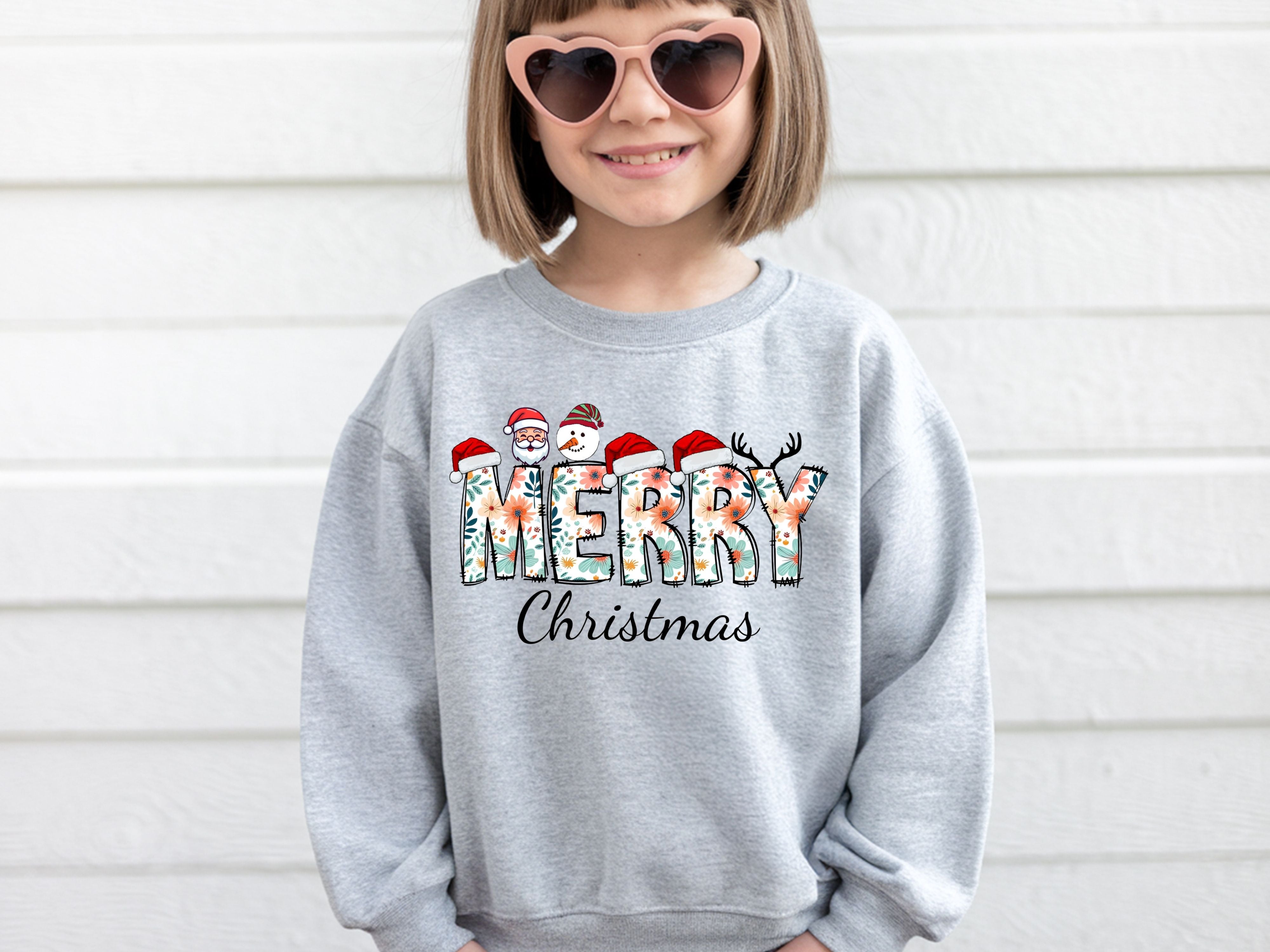 Merry Christmas Floral Sweatshirt & Hoodie - Santa, Snowman & Reindeer Design - Holiday Apparel for Family-Adult-Youth-Toddler