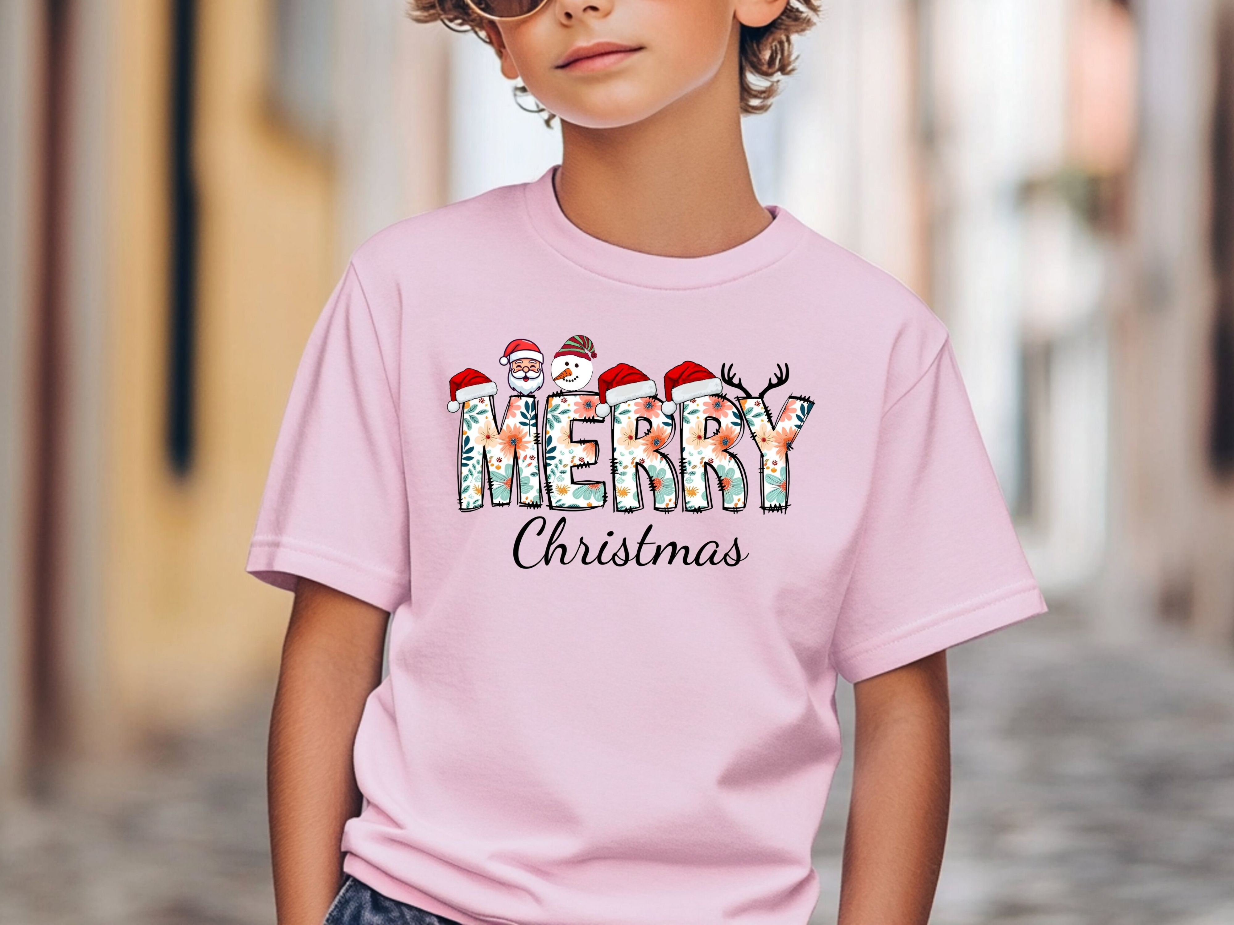 Merry Christmas Floral T-Shirt- Santa, Snowman & Reindeer Design -  Softstyle Holiday Apparel for Family (Baby to Adult)