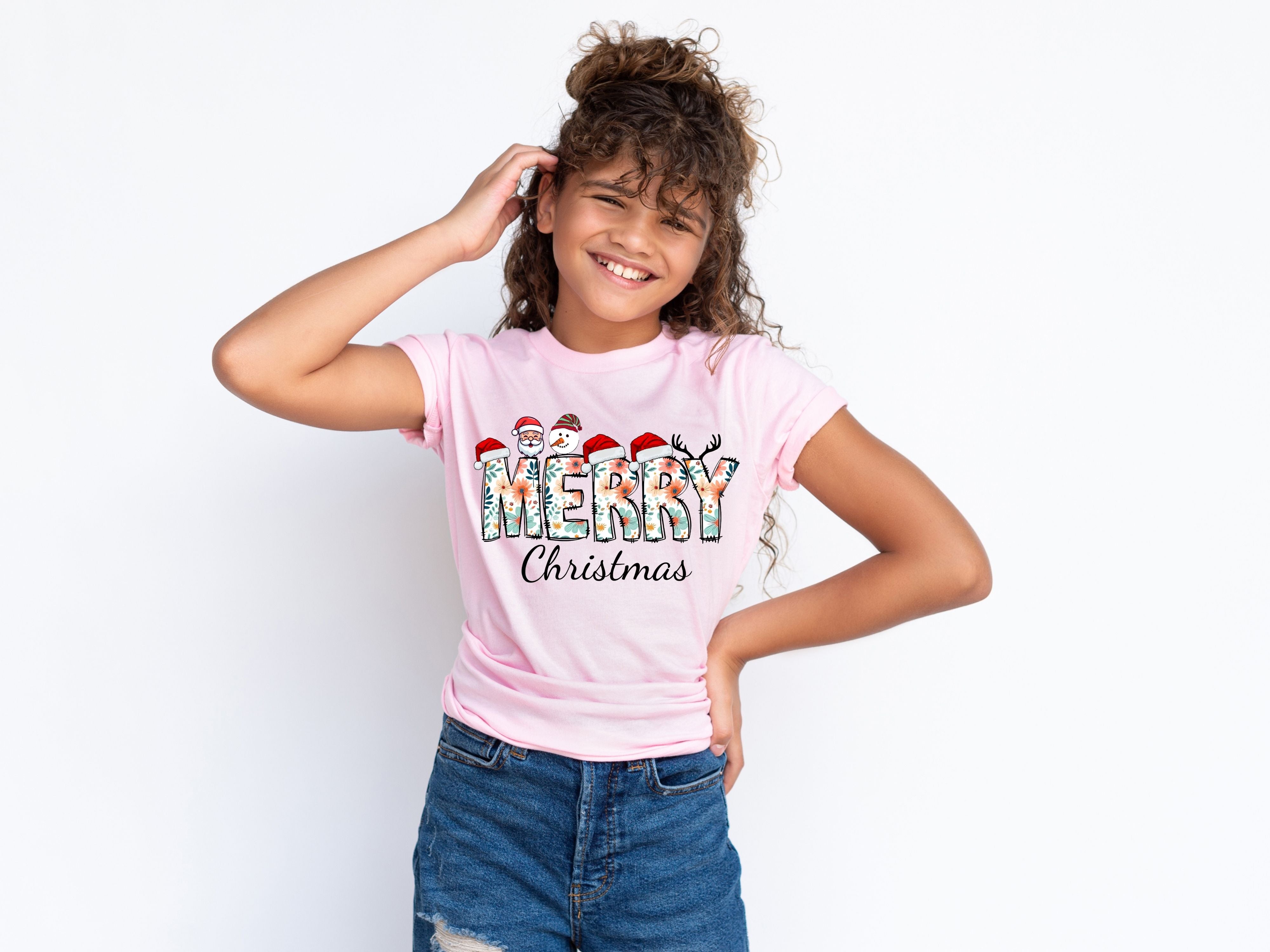 Merry Christmas Floral T-Shirt- Santa, Snowman & Reindeer Design -  Softstyle Holiday Apparel for Family (Baby to Adult)