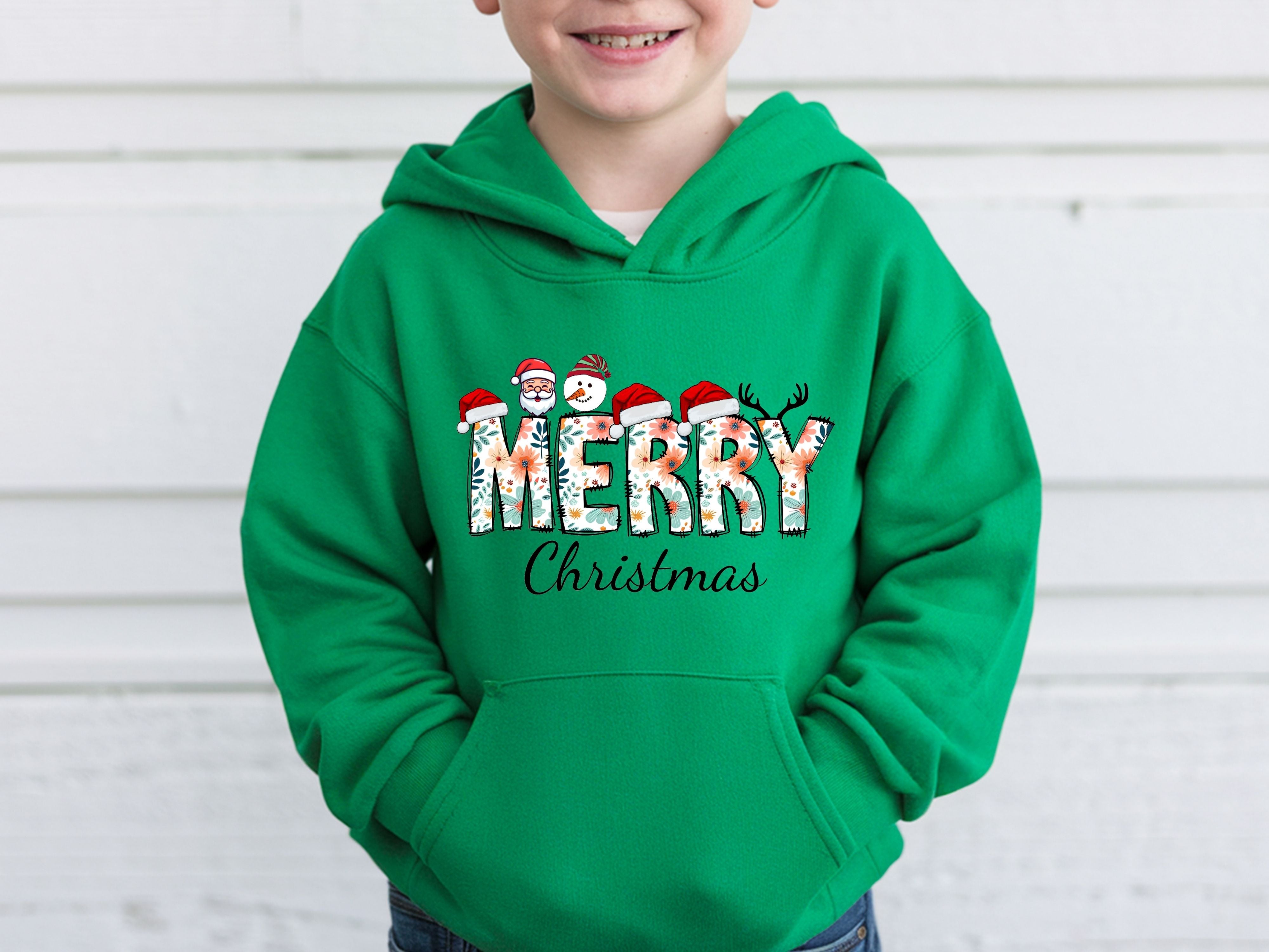Merry Christmas Floral Sweatshirt & Hoodie - Santa, Snowman & Reindeer Design - Holiday Apparel for Family-Adult-Youth-Toddler