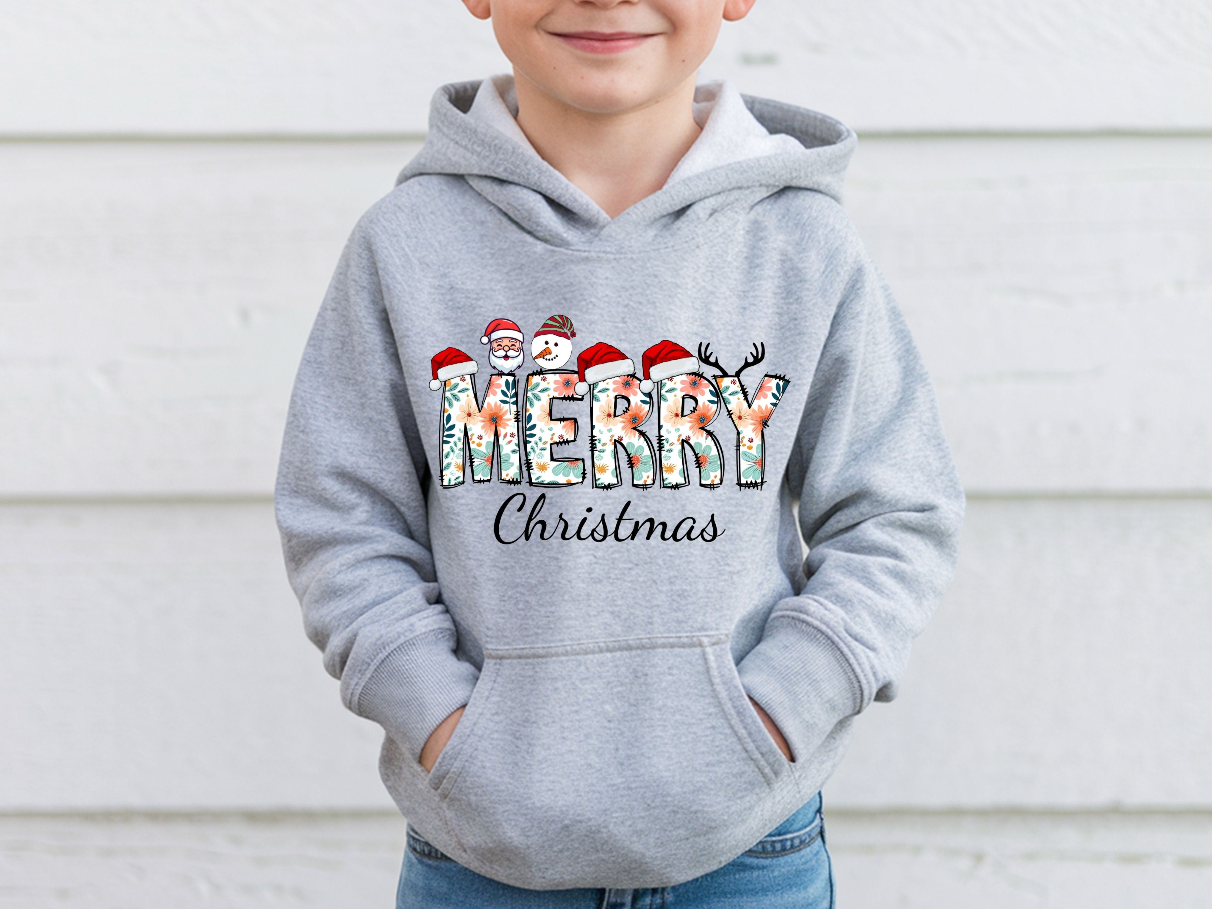 Merry Christmas Floral Sweatshirt & Hoodie - Santa, Snowman & Reindeer Design - Holiday Apparel for Family-Adult-Youth-Toddler