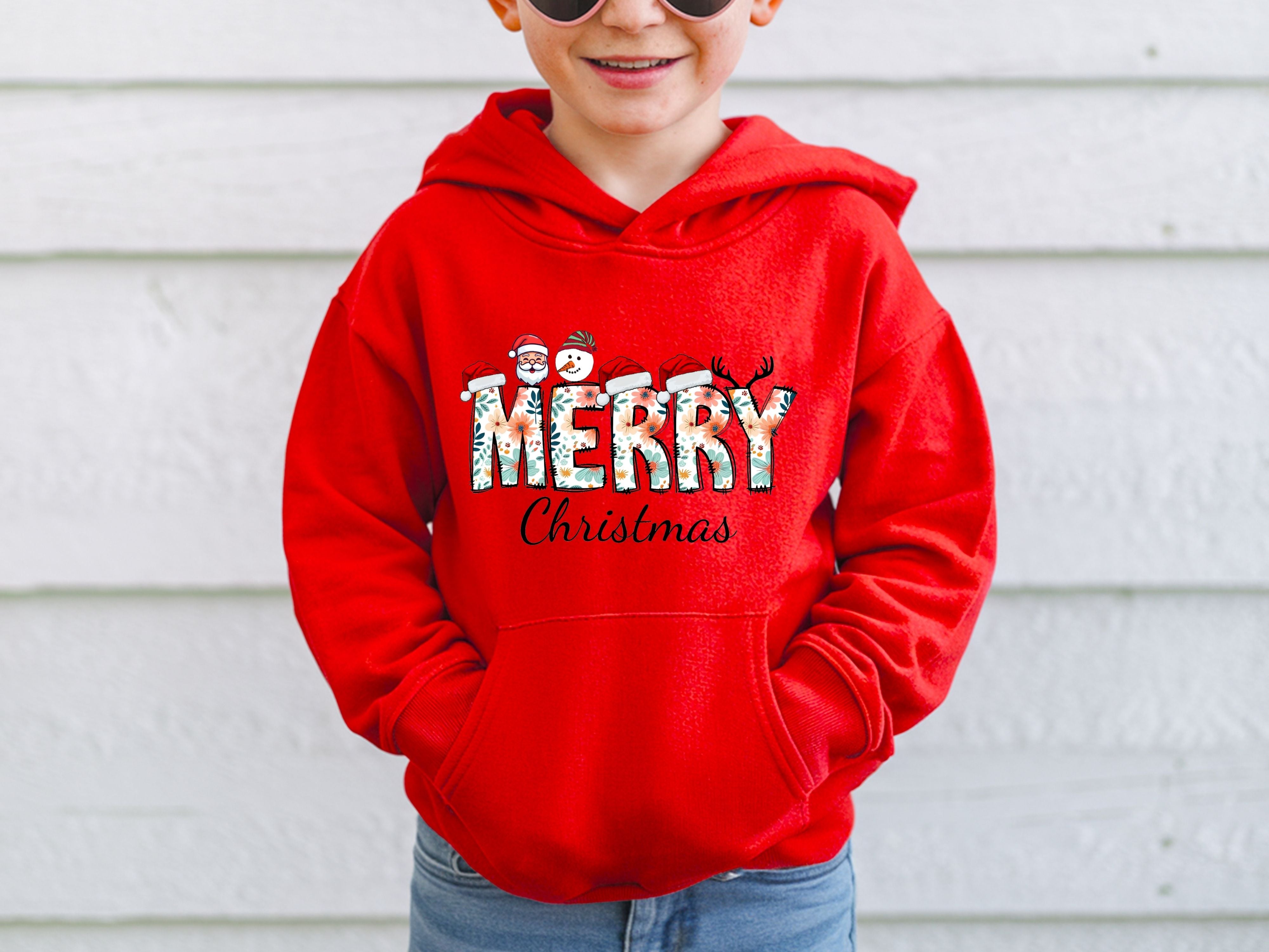 Merry Christmas Floral Sweatshirt & Hoodie - Santa, Snowman & Reindeer Design - Holiday Apparel for Family-Adult-Youth-Toddler