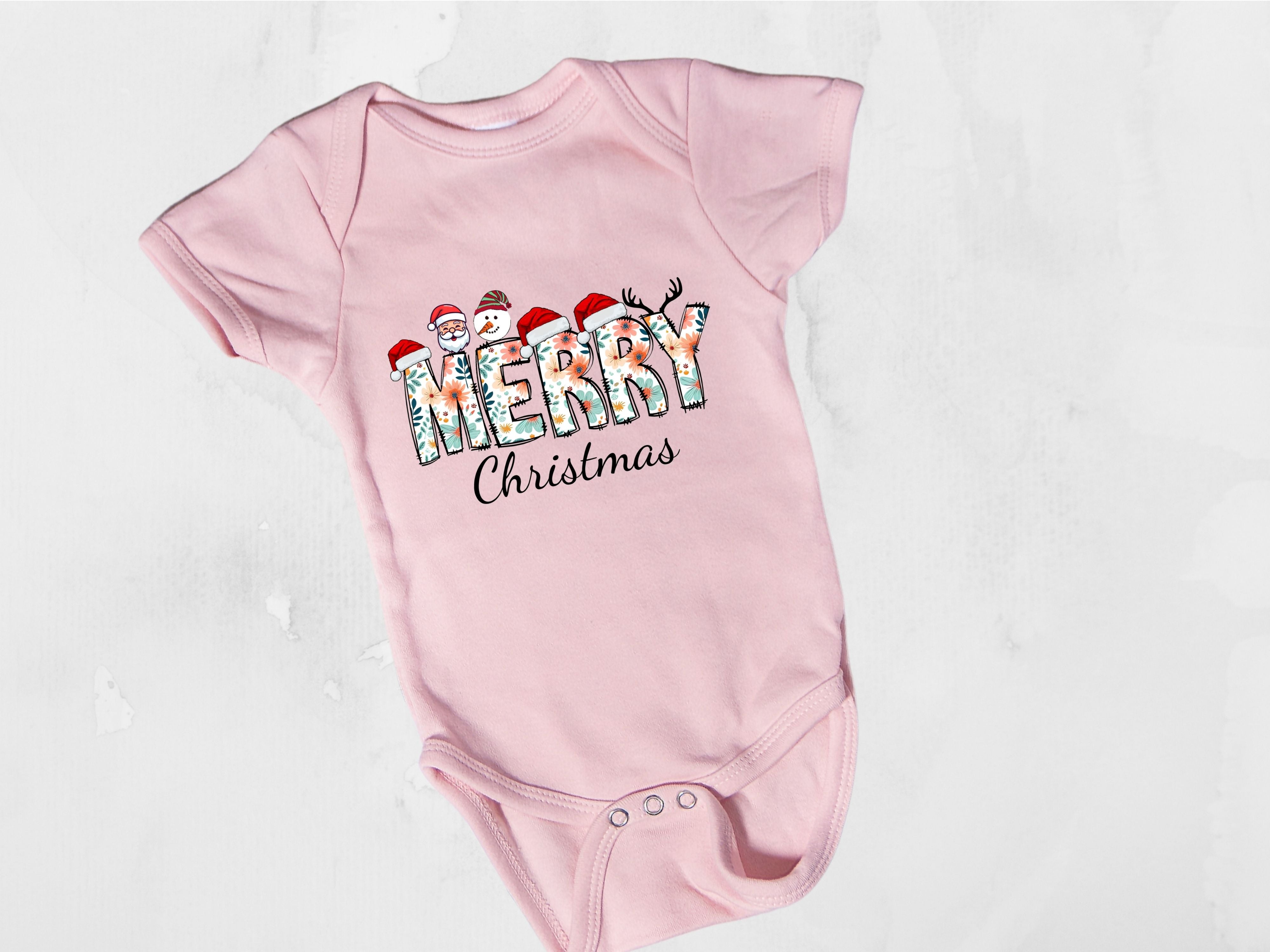 Merry Christmas Floral T-Shirt- Santa, Snowman & Reindeer Design -  Softstyle Holiday Apparel for Family (Baby to Adult)