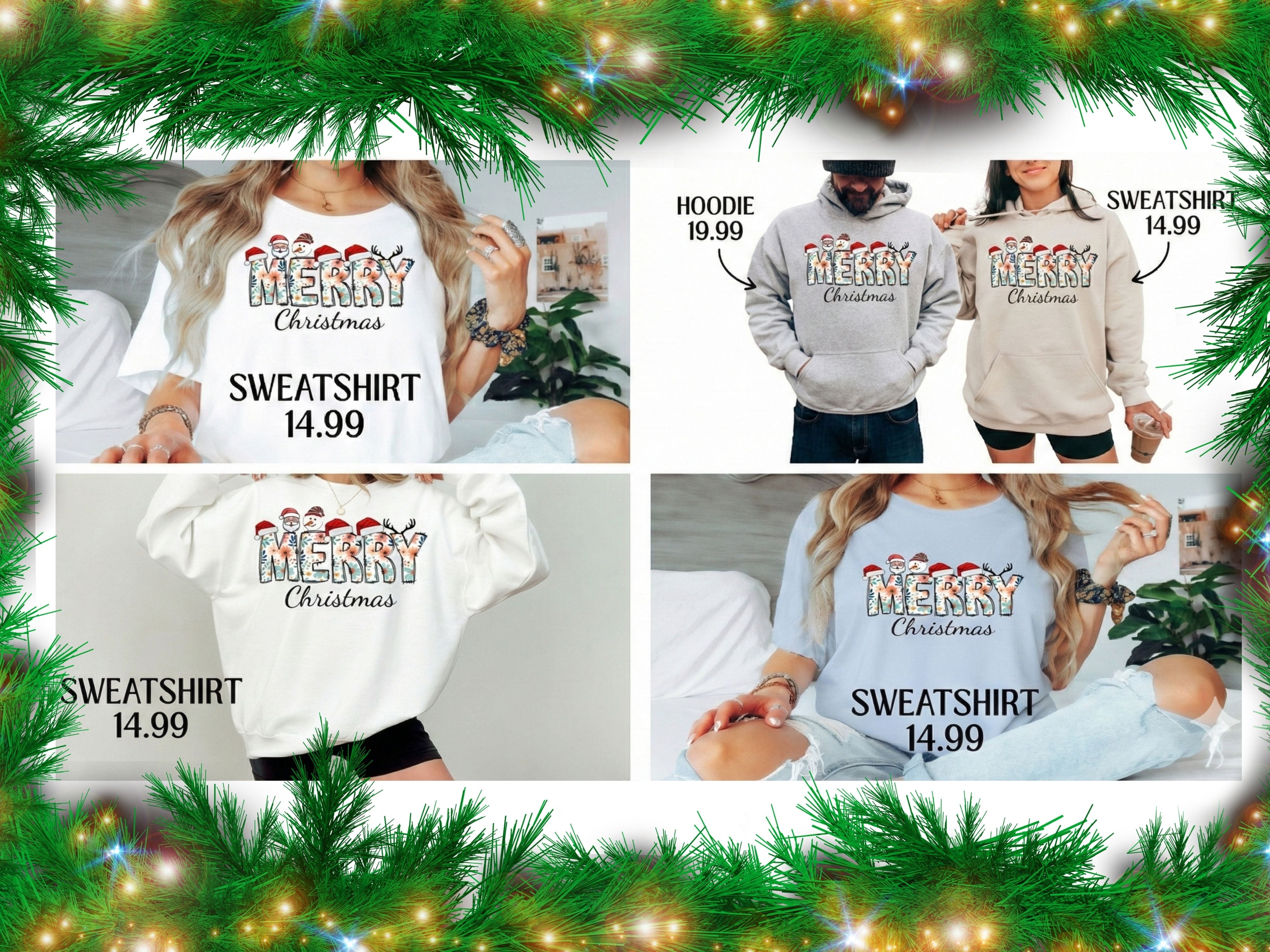 Merry Christmas Floral Sweatshirt & Hoodie - Santa, Snowman & Reindeer Design - Holiday Apparel for Family-Adult-Youth-Toddler