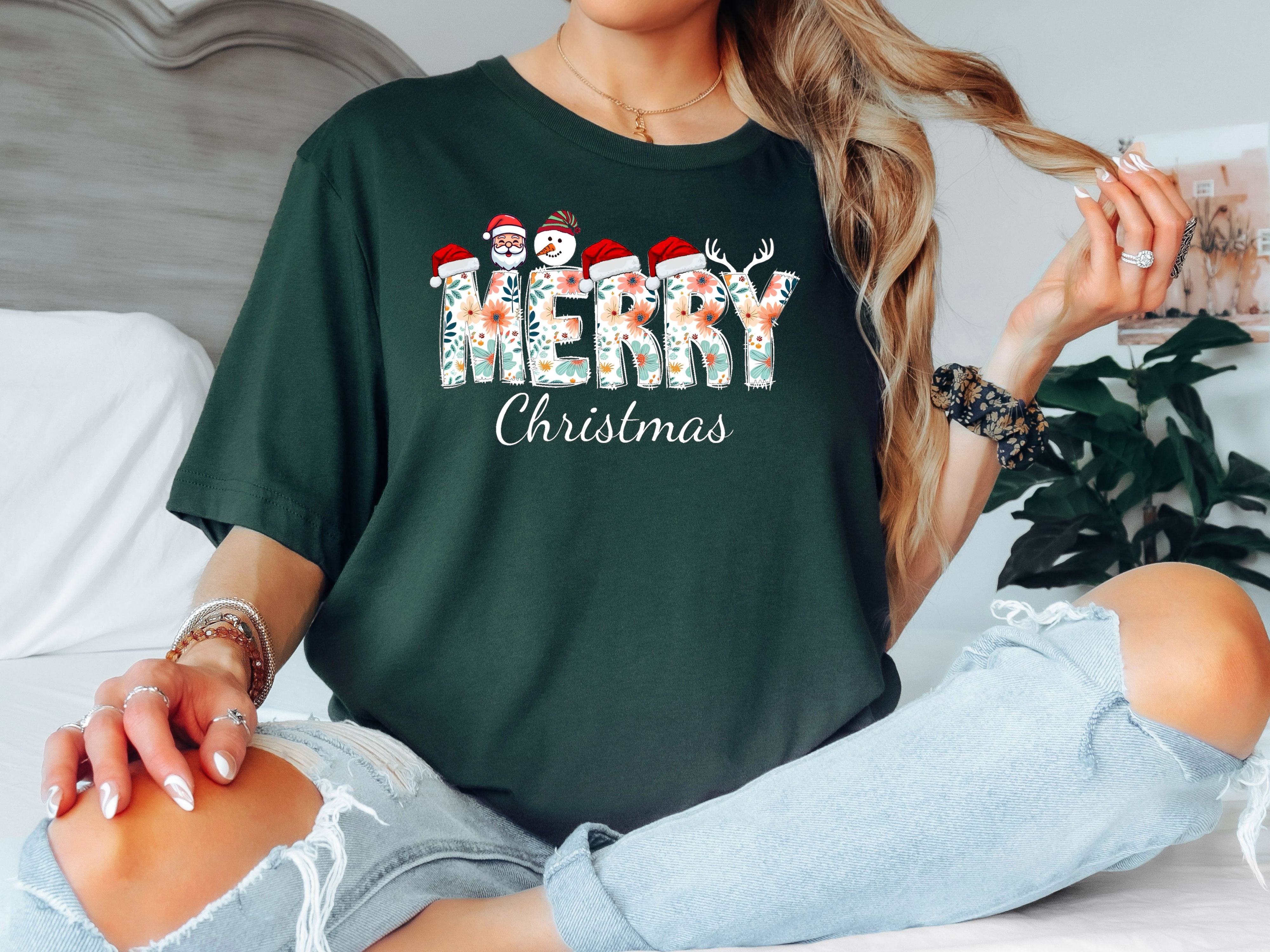 Merry Christmas Floral T-Shirt- Santa, Snowman & Reindeer Design -  Softstyle Holiday Apparel for Family (Baby to Adult)