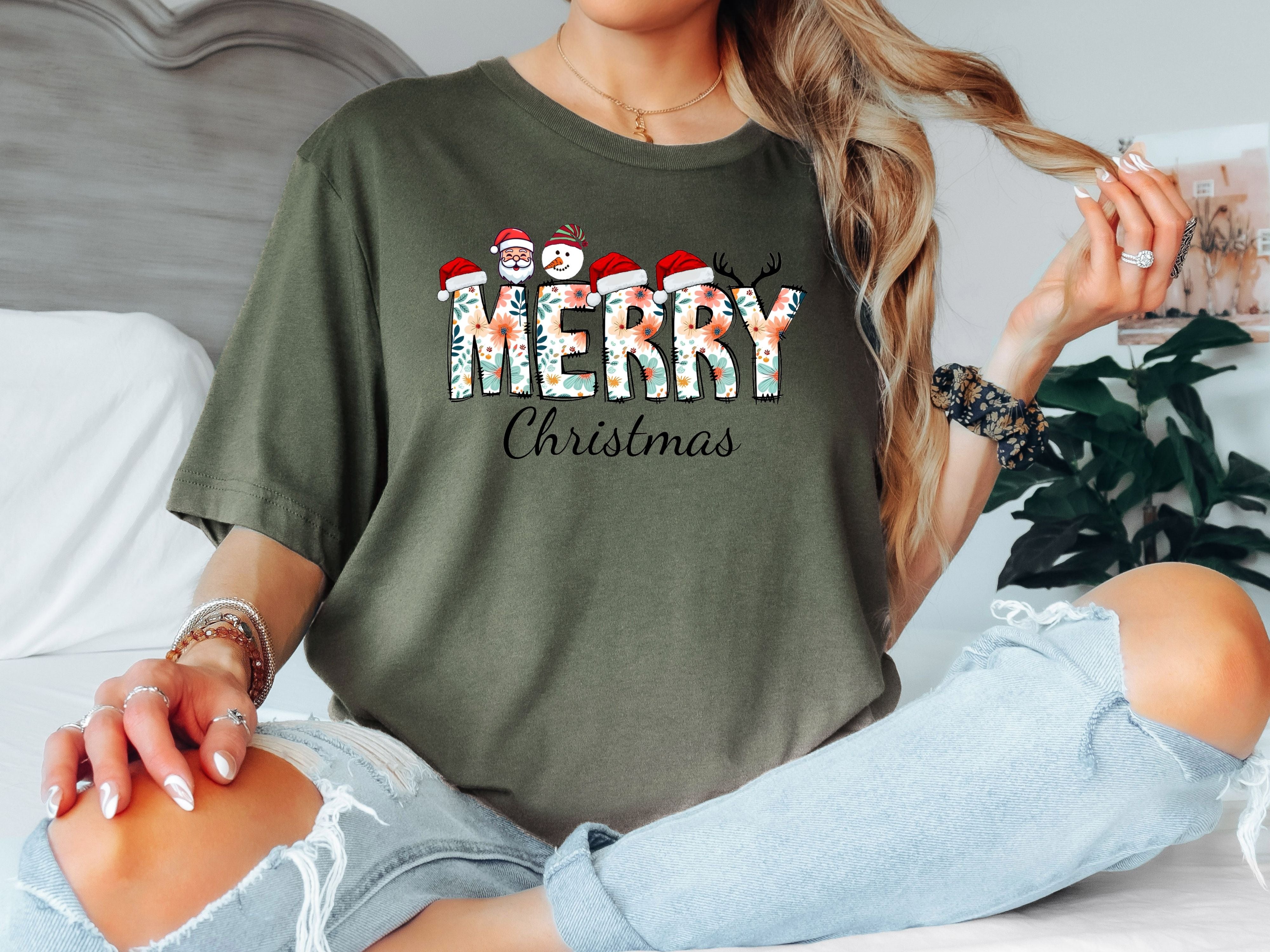 Merry Christmas Floral Sweatshirt & Hoodie - Santa, Snowman & Reindeer Design - Holiday Apparel for Family-Adult-Youth-Toddler