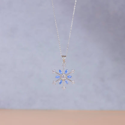 925 Sterling Silver Snowflake Necklace with Aquamarine Stone
