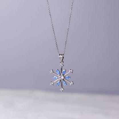 925 Sterling Silver Snowflake Necklace with Aquamarine Stone
