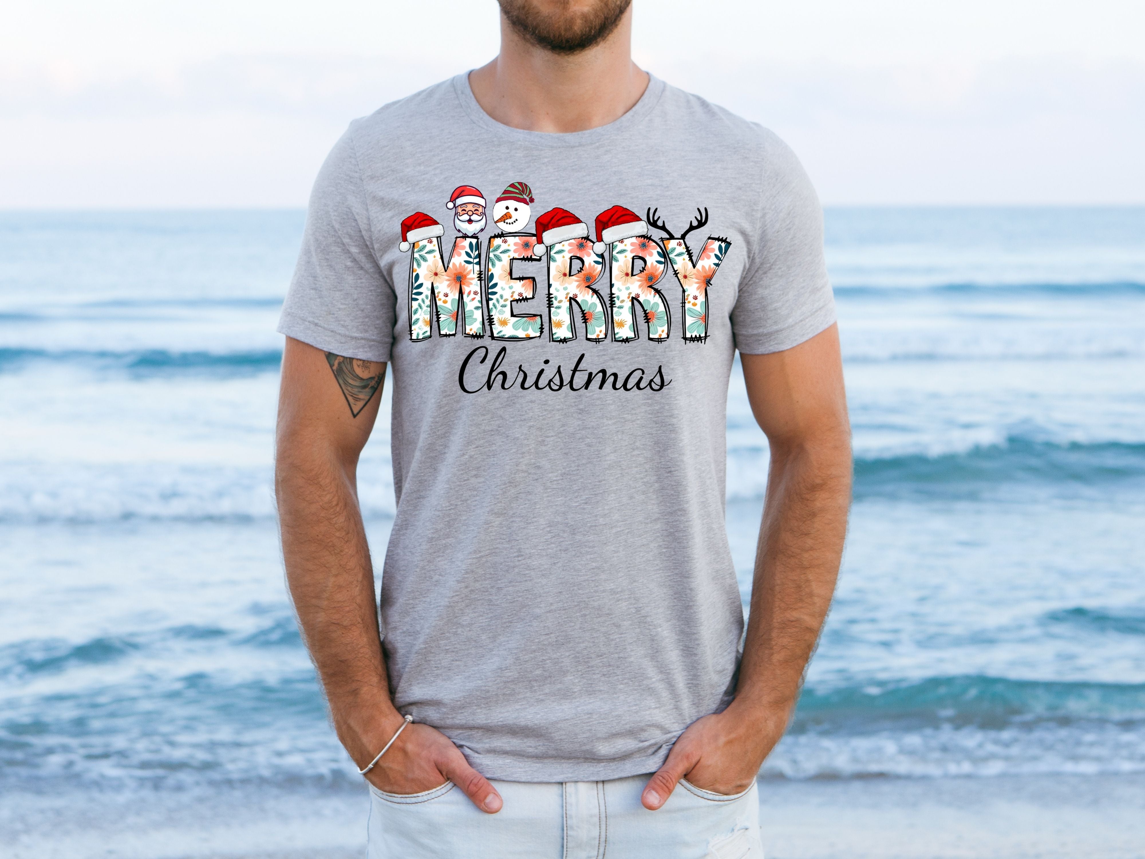 Merry Christmas Floral T-Shirt- Santa, Snowman & Reindeer Design -  Softstyle Holiday Apparel for Family (Baby to Adult)