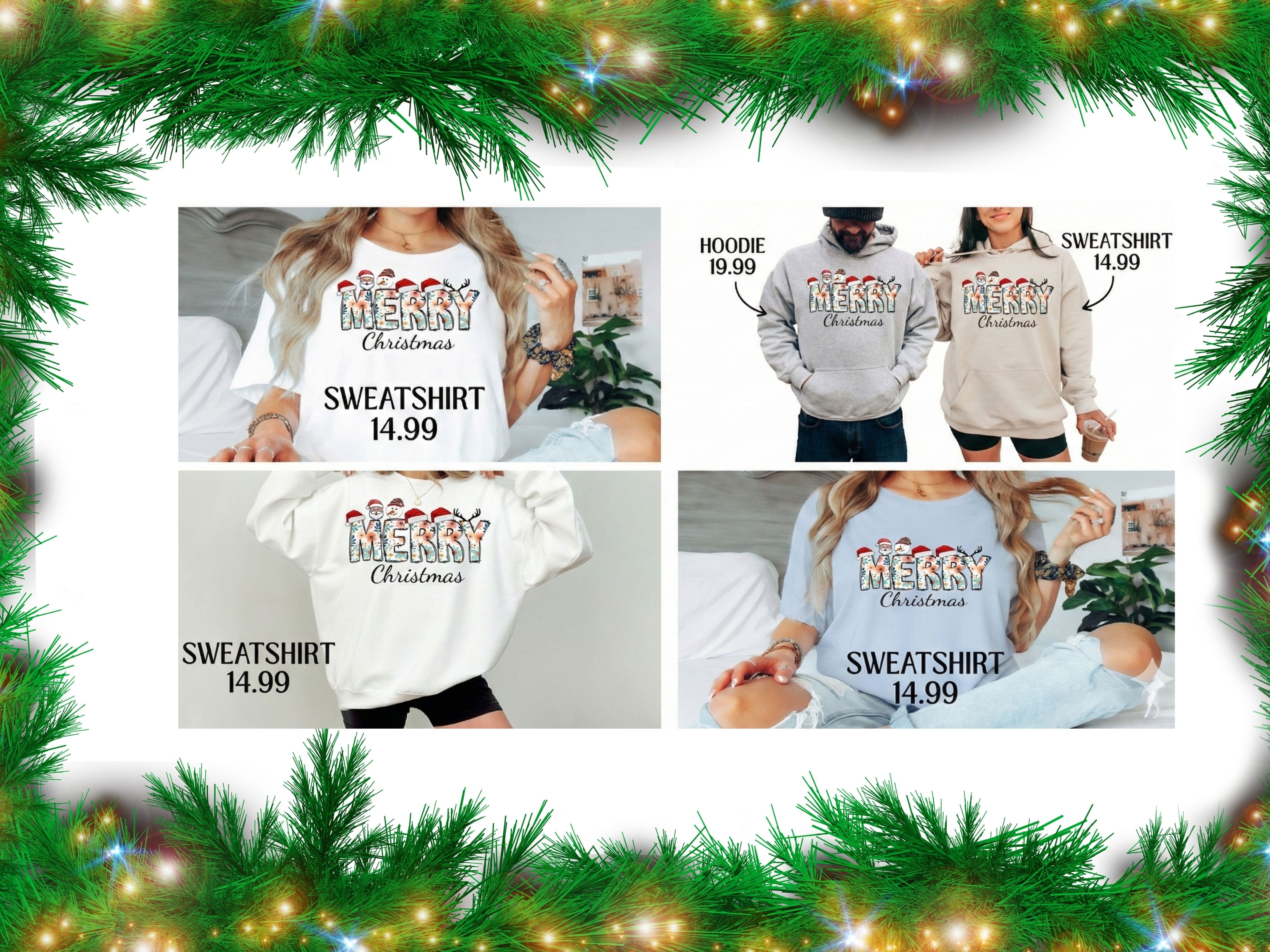 Merry Christmas Floral Sweatshirt & Hoodie - Santa, Snowman & Reindeer Design - Holiday Apparel for Family-Adult-Youth-Toddler