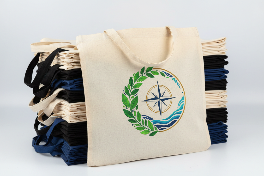 A dynamic and professional product photograph showcasing a large, neatly stacked pile of 20-30 custom-printed canvas tote bags in various popular colors (e.g., natural beige, black, navy). Prominently featured in the foreground, or slightly off-center on top of the stack, is a single, isolated tote bag opened slightly, clearly displaying a crisp, vibrant, and intricate custom logo or design applied with Direct-to-Film (DTF) printing. The focus is sharp on this individual bag's print quality and fabric textu