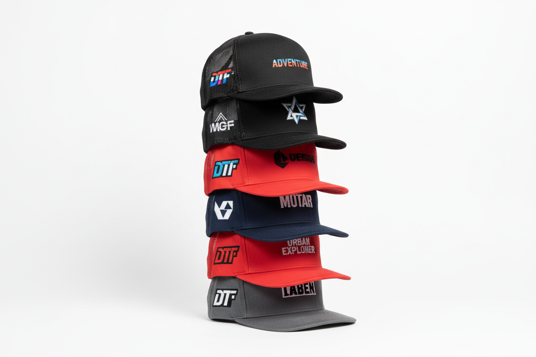 A high-quality, professional studio shot showcasing a stack of twenty custom-printed hats. The stack should clearly feature a mix of two styles: the flat-brimmed Five-Panel Classic Trucker Cap and the curved-brimmed Baseball Cap. The hats should be in a variety of vibrant colors (e.g., black, navy, red, grey). Each hat displays a crisp, detailed custom logo or text printed using the Direct-to-Film (DTF) technique—NOT embroidery. Use soft, focused lighting against a clean, minimal background. Include a subtl