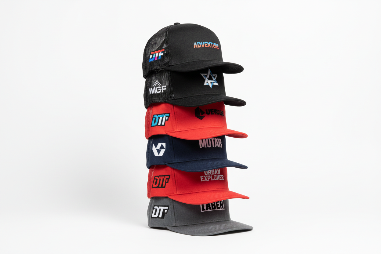 A high-quality, professional studio shot showcasing a stack of twenty custom-printed hats. The stack should clearly feature a mix of two styles: the flat-brimmed Five-Panel Classic Trucker Cap and the curved-brimmed Baseball Cap. The hats should be in a variety of vibrant colors (e.g., black, navy, red, grey). Each hat displays a crisp, detailed custom logo or text printed using the Direct-to-Film (DTF) technique—NOT embroidery. Use soft, focused lighting against a clean, minimal background. Include a subtl