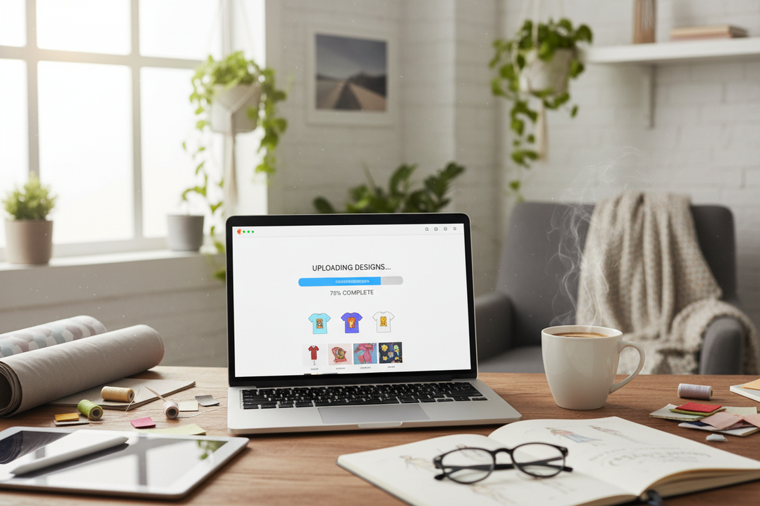 A laptop open on a desk showing a file upload progress bar, a cup of coffee nearby, creative and cozy atmosphere, designing custom apparel, focus on ease of use and technology, bright and airy, photorealistic --ar 16:9