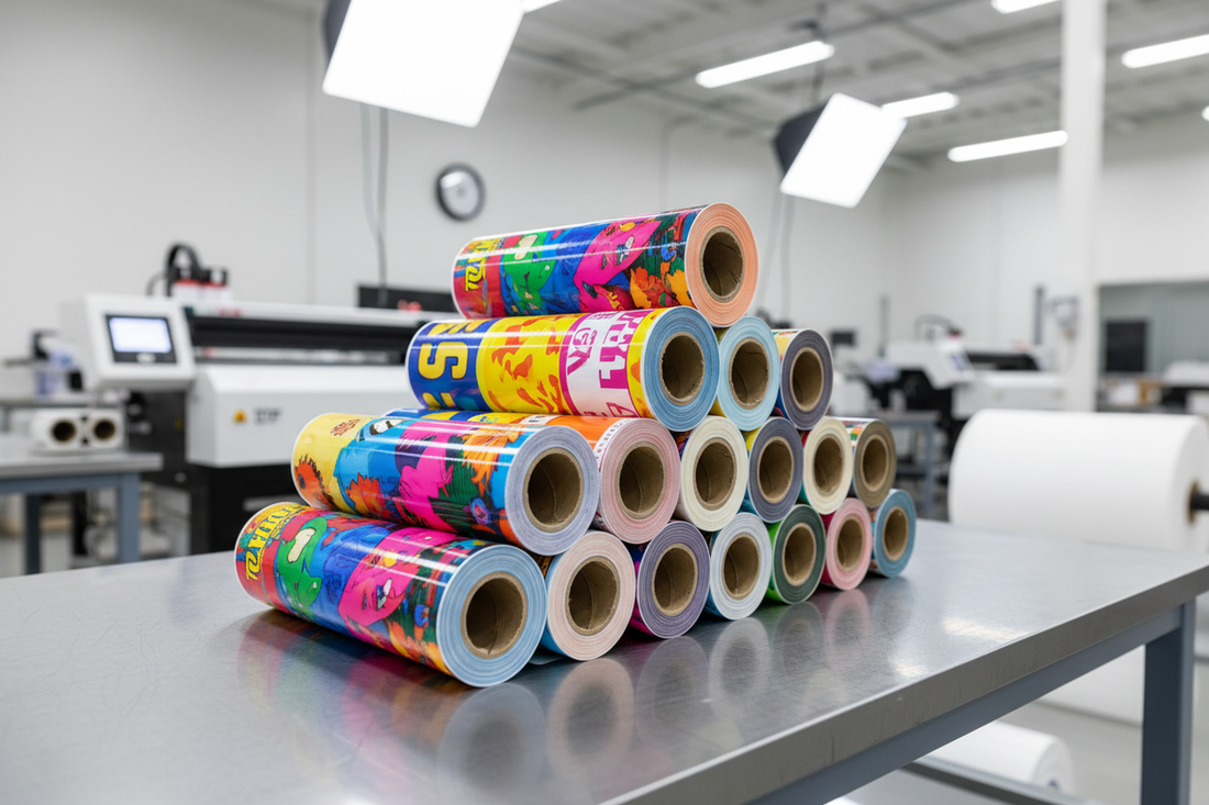 A pile of rolled-up high-quality DTF transfer gang sheets with vibrant, colorful designs, stacked neatly on a clean industrial work table. The texture of the premium film is visible. In the blurred background, there is professional printing equipment in a clean, bright workshop. High resolution, studio lighting, commercial photography style. --ar 16:9