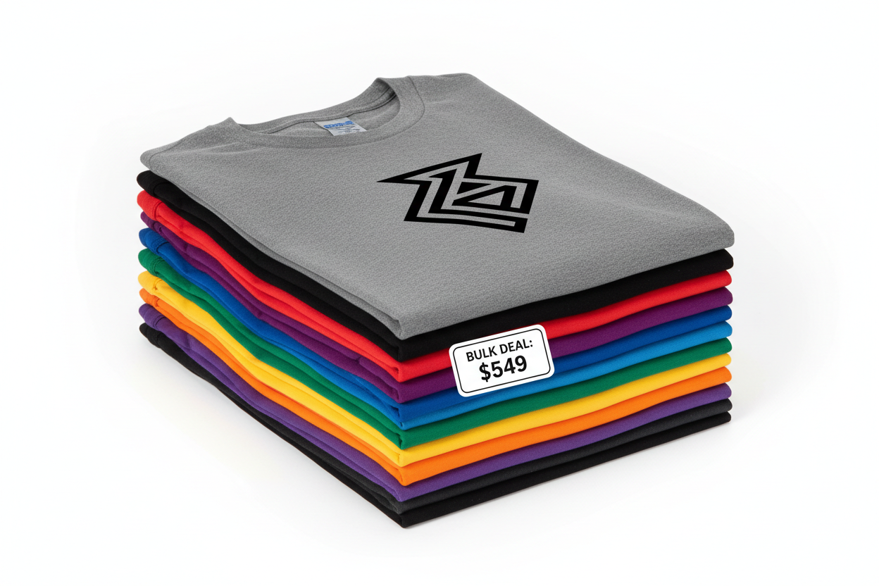 A vibrant, high-quality photograph showing a stack of 10-12 different colored custom t-shirts (e.g., Red, Black, Royal Blue, Green). The top t-shirt clearly displays a crisp, modern logo or design (simple geometric shape or a brand name). A subtle hint of the price tag '$549' or the number '100' is visible in the background or foreground, suggesting a bulk deal. The fabric texture (Gildan 5000 style) should look soft and durable. White studio lighting. Focus on the product